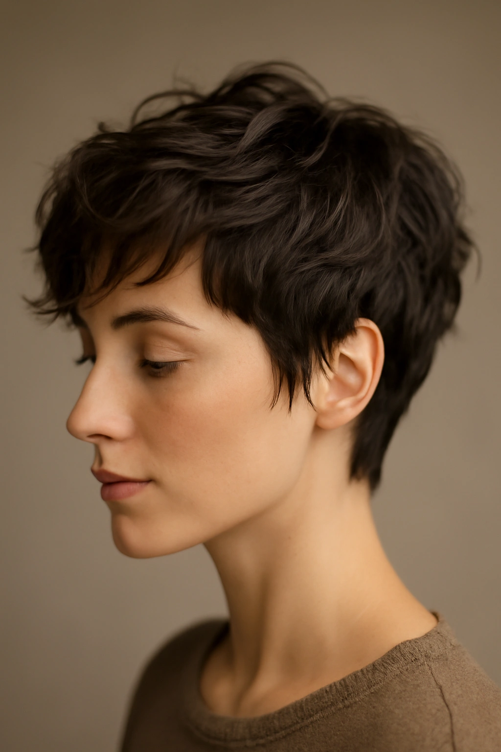 Close-up of The Feathered Wave Pixie with soft feathered layers and flowing texture