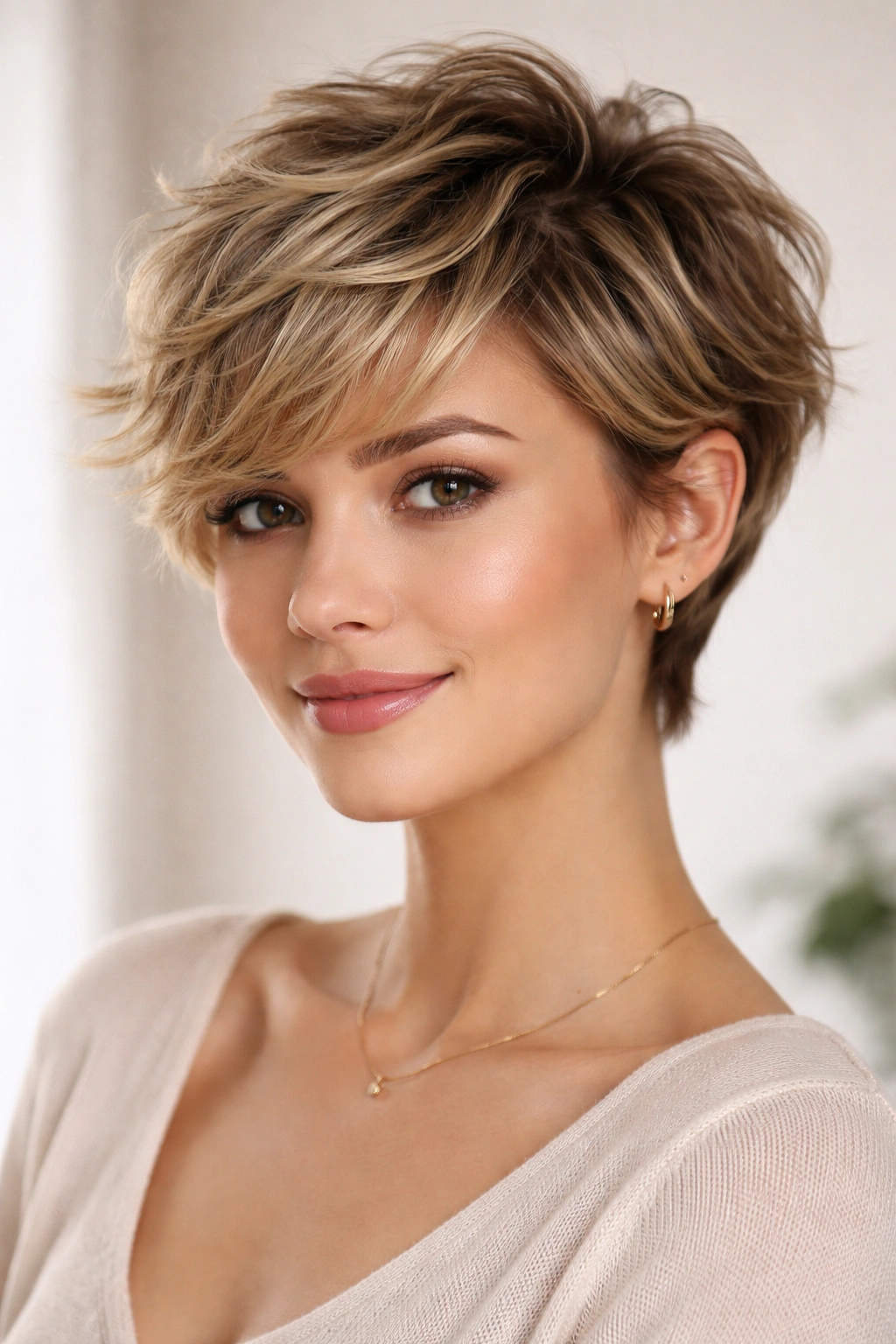 Feathered pixie with soft waves and blended layers