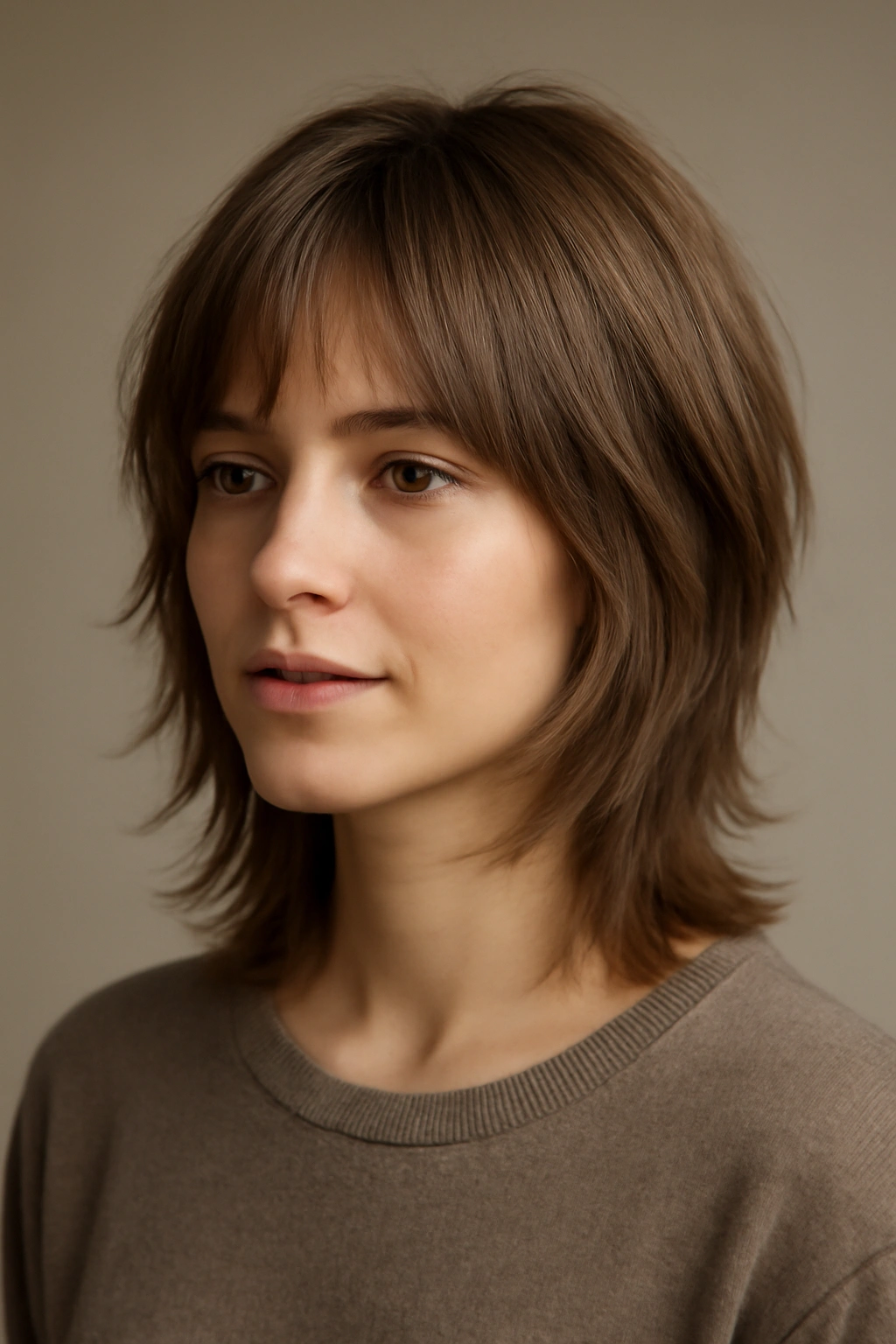 Feathered shag on medium-length fine hair showing soft layers
