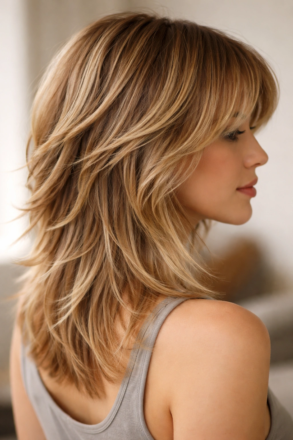 Close-up of a medium shag with feathered tapered ends and subtle movement