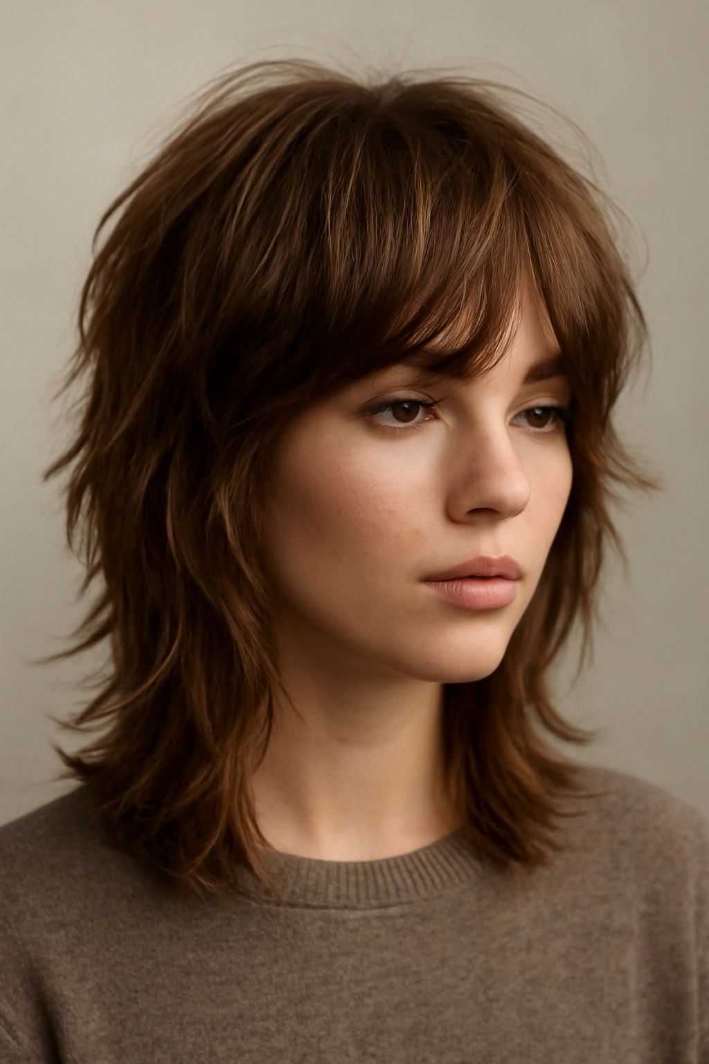 Portrait of a person with soft feathered shag layers around the crown and shoulders