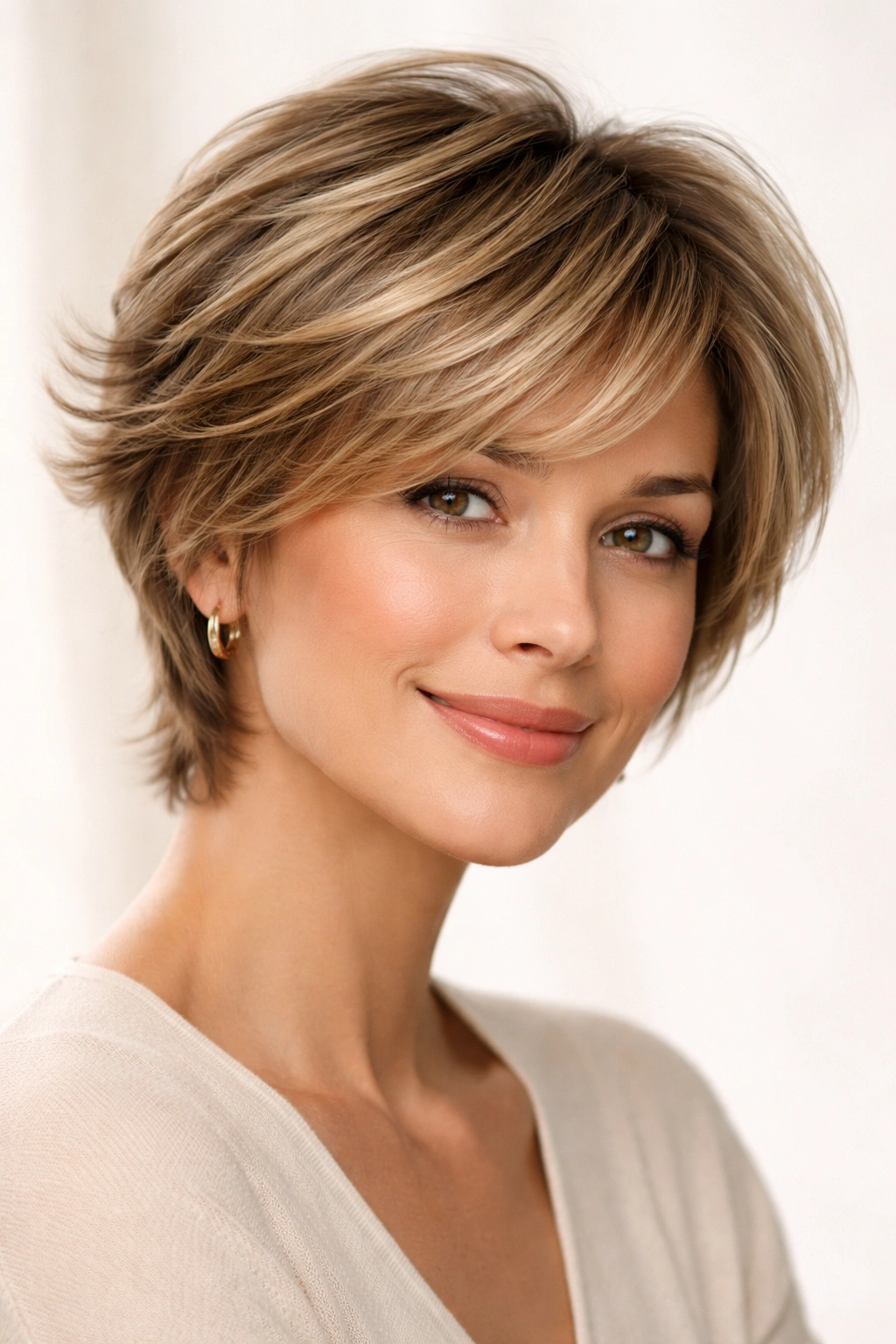 Layered feathered short cut with soft blended layers and lift