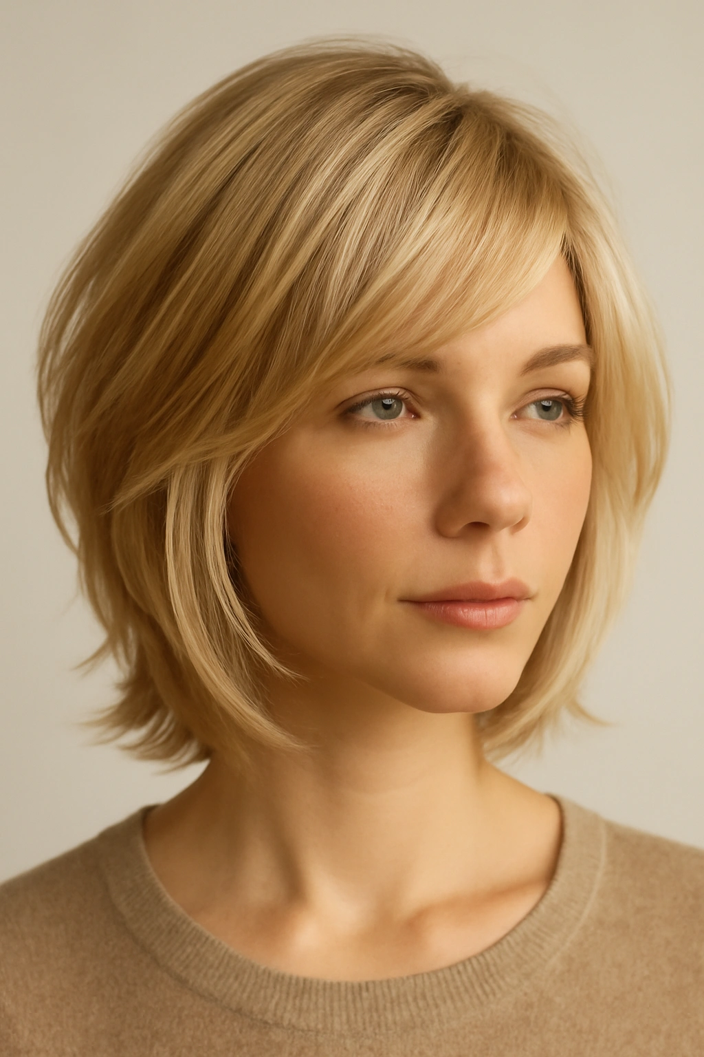 Close-up of blonde feathered short layers with soft movement