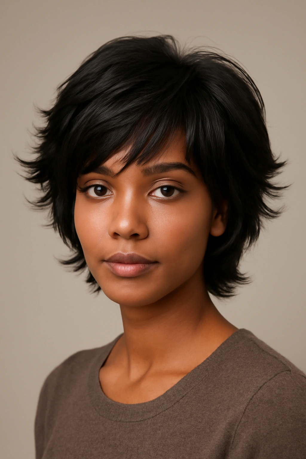 Portrait of a person with feathered short layers creating face framing volume