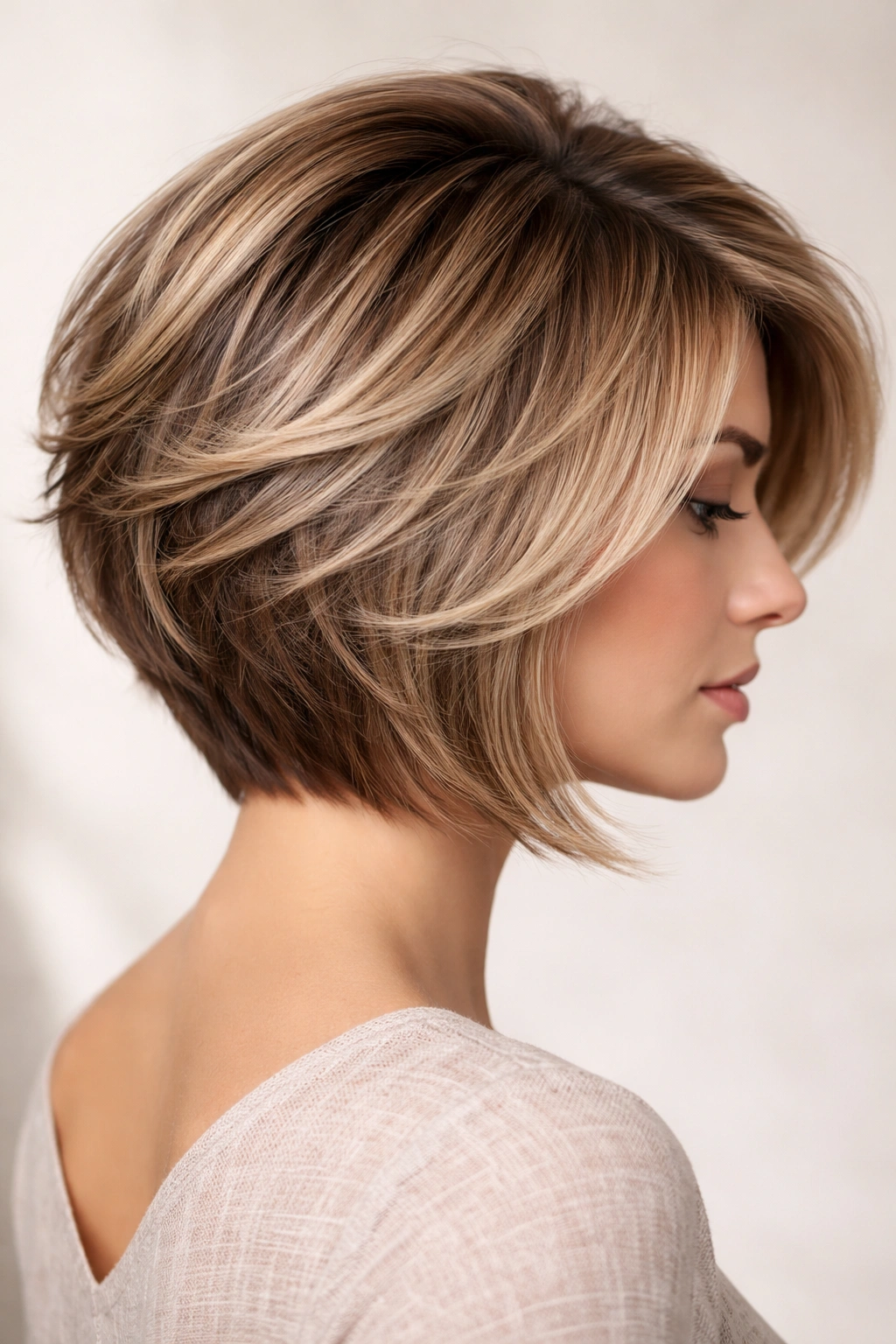 Feathered stacked bob with soft overlapping layers and outward flow.