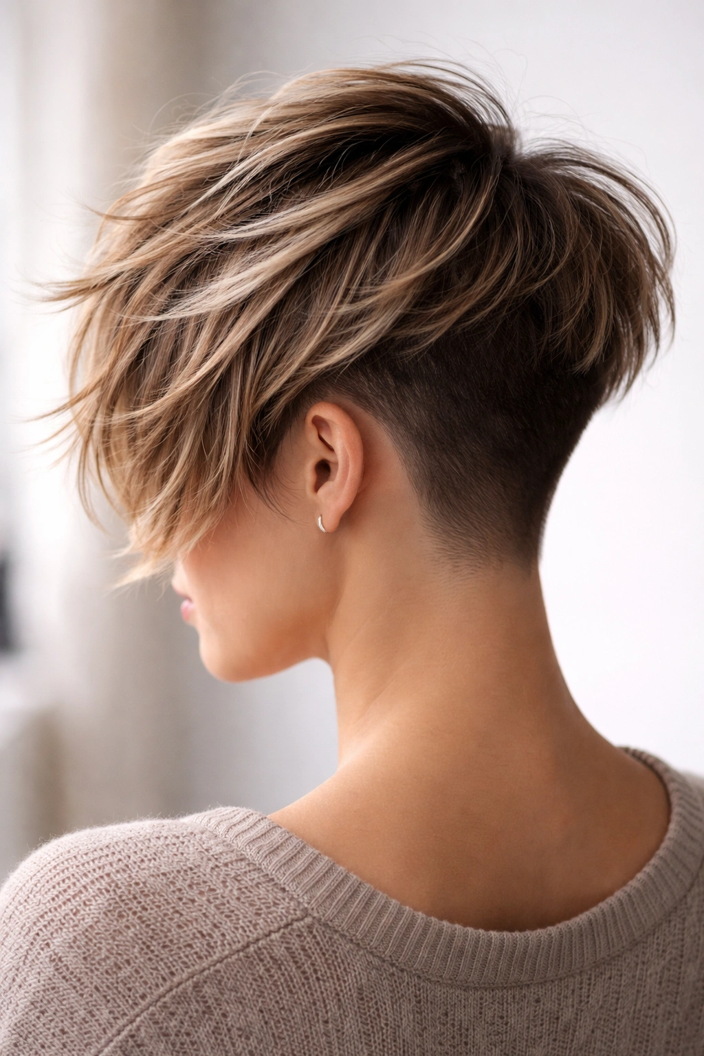 Head-and-shoulders view of Feathered Undercut with long feathered top and short undercut