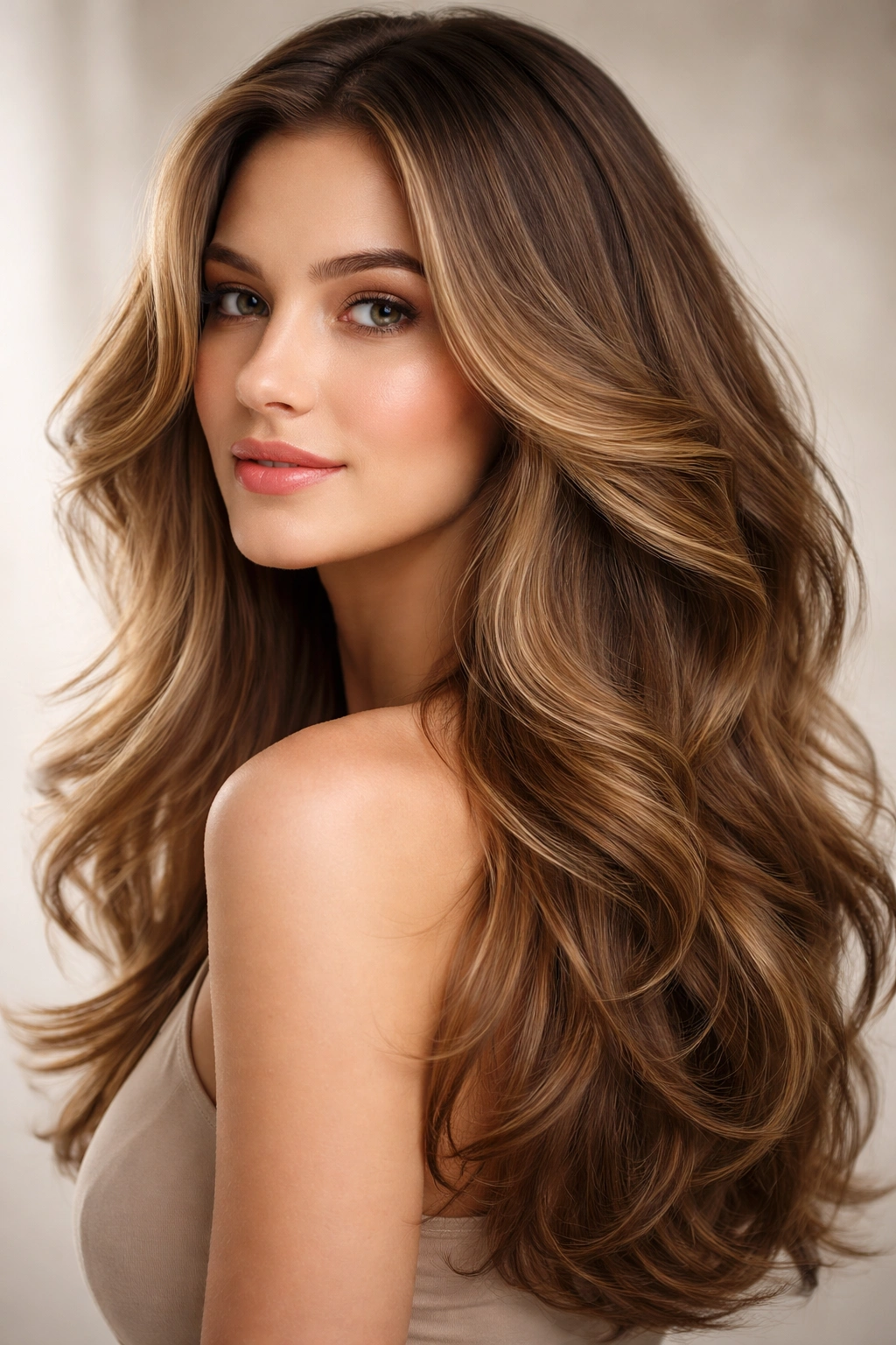 Long hair with feathered waves and soft cascading layers