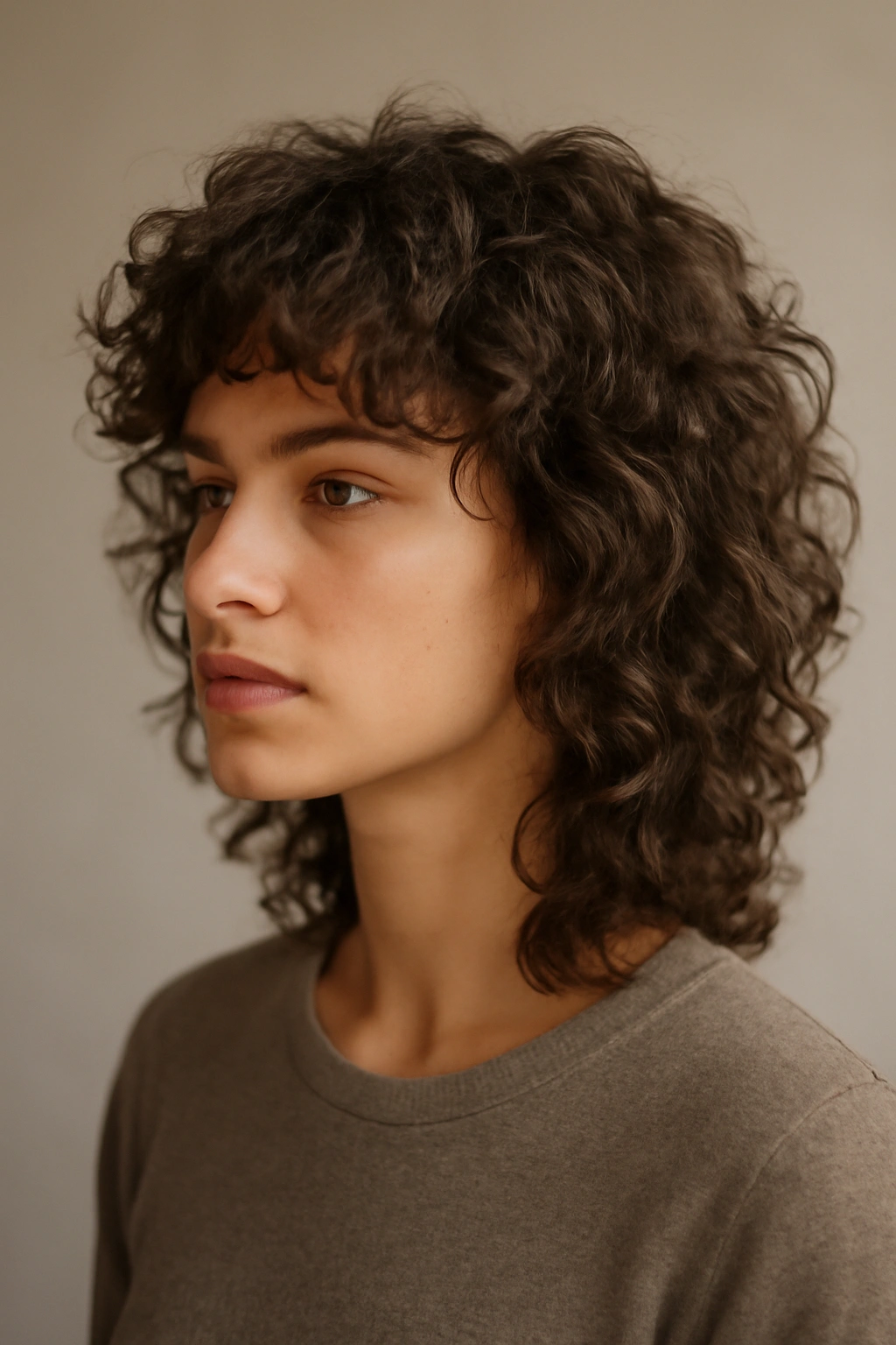 Feathered wolf cut on medium curly hair with blended layers