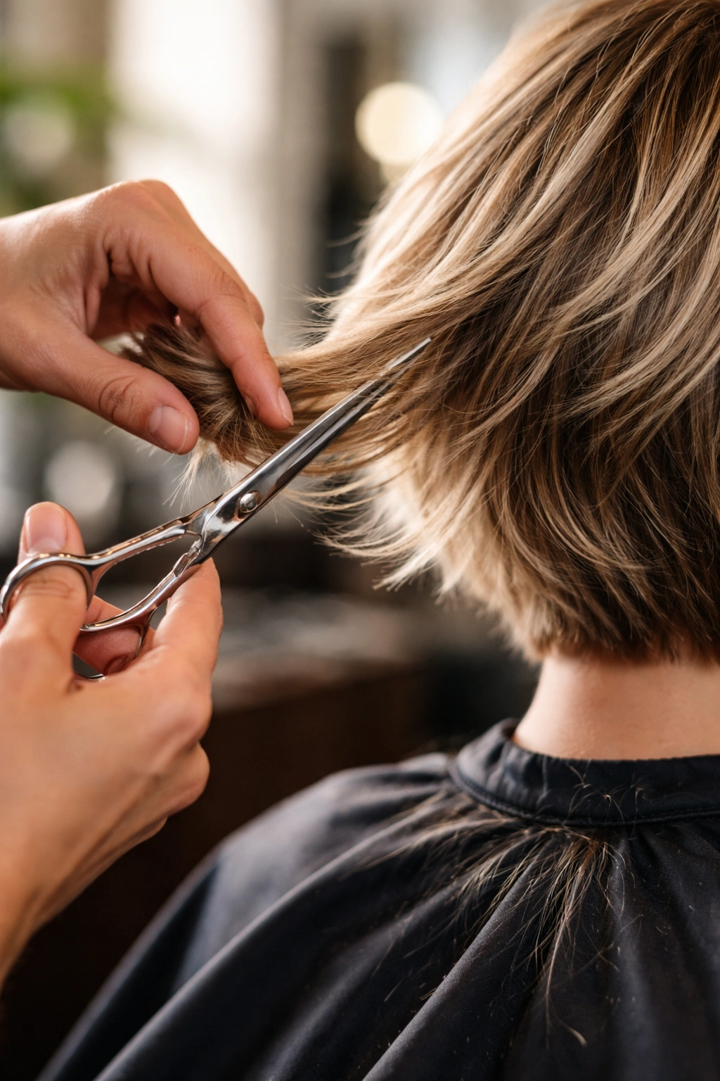 Hands performing feathering technique on hair in salon