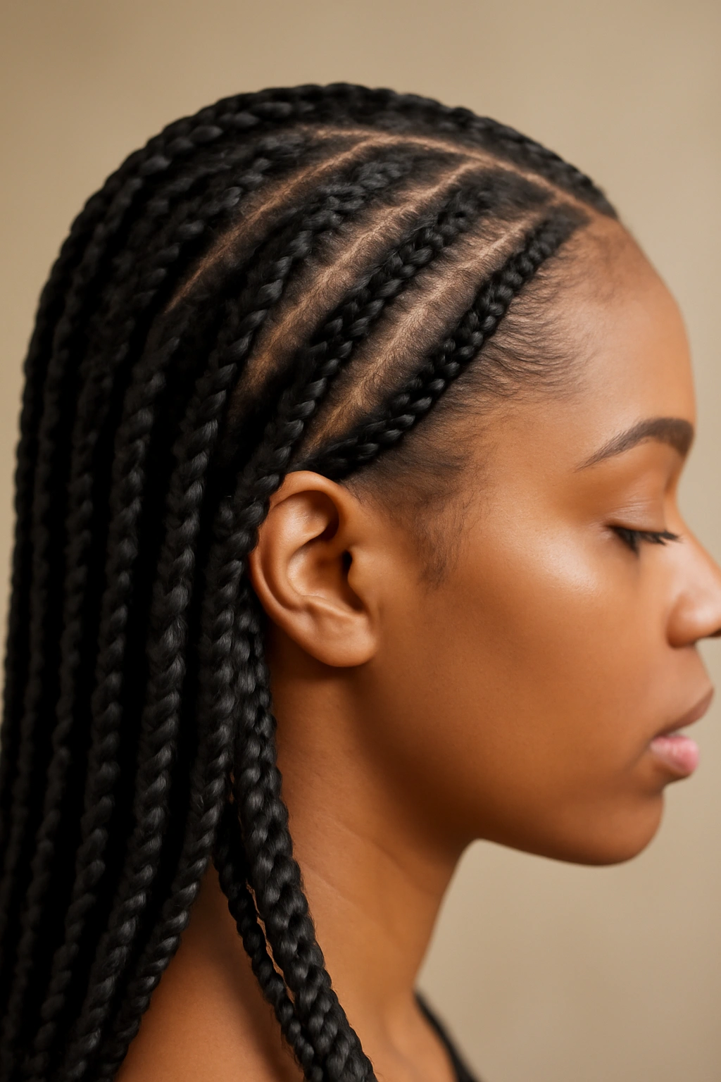 Close-up of feed-in box braids along the scalp showing gradual integration.