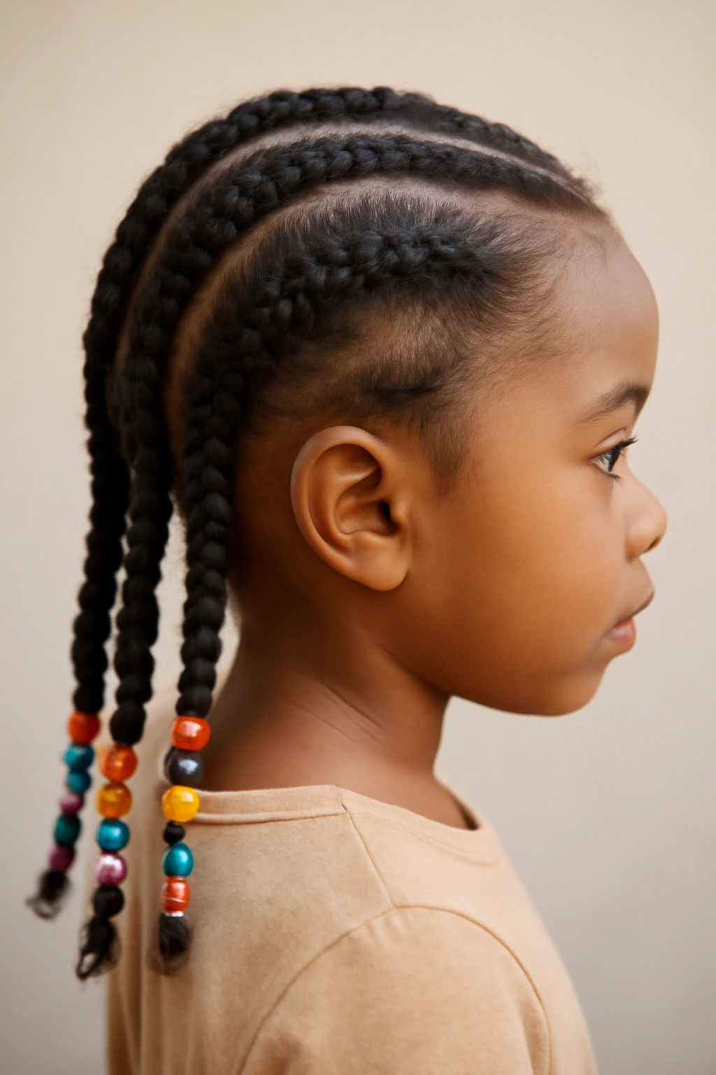 Feed-in braids with beads on a toddler's hair.