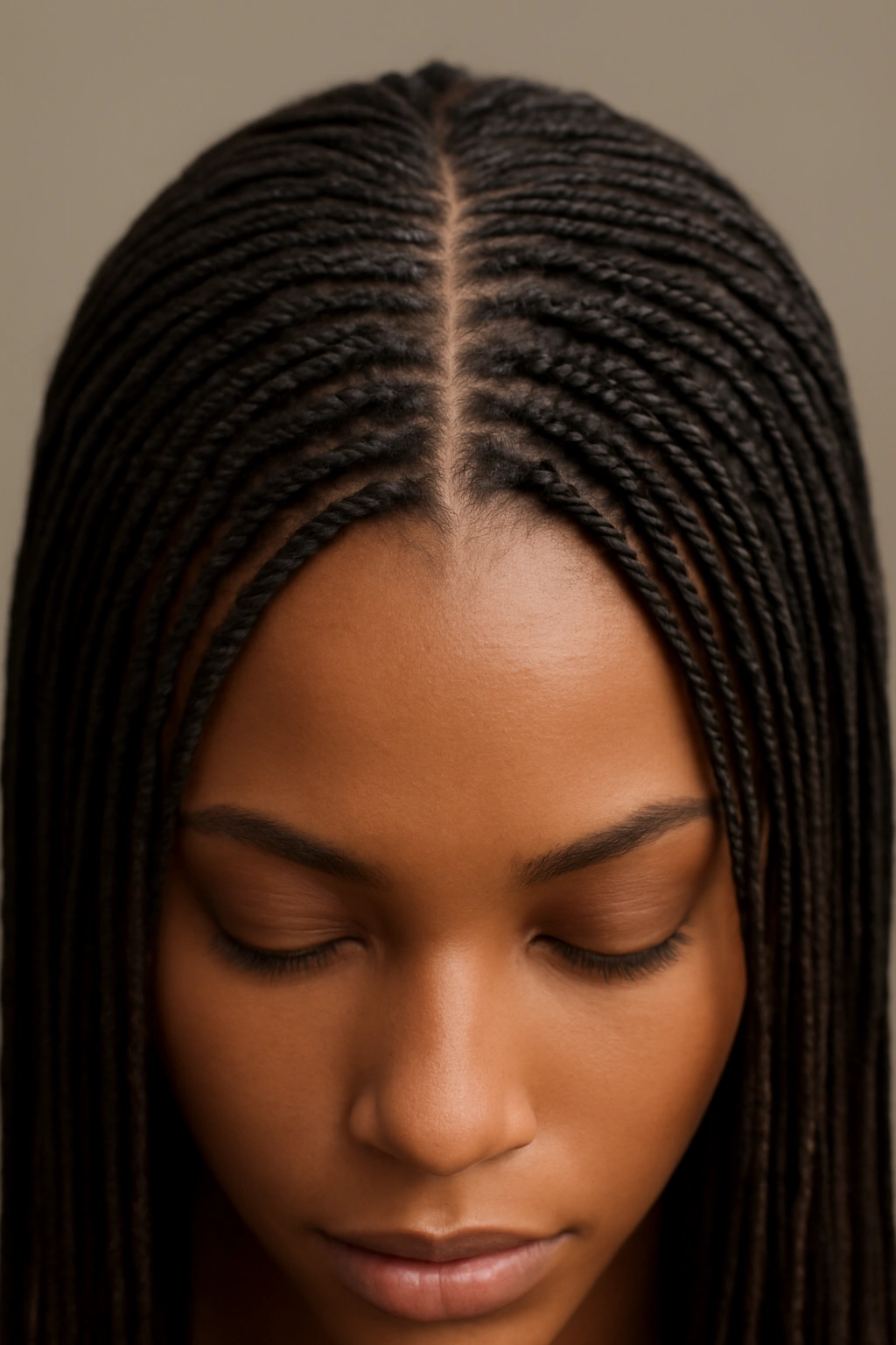 Close-up of center-parted micro braids with tapered roots and smooth texture.