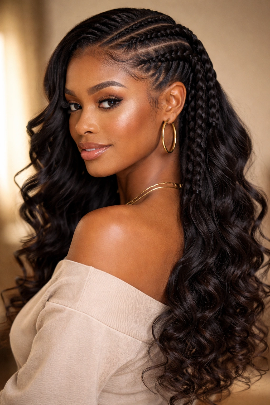 Two feed-in braids flowing into loose curls from a side part