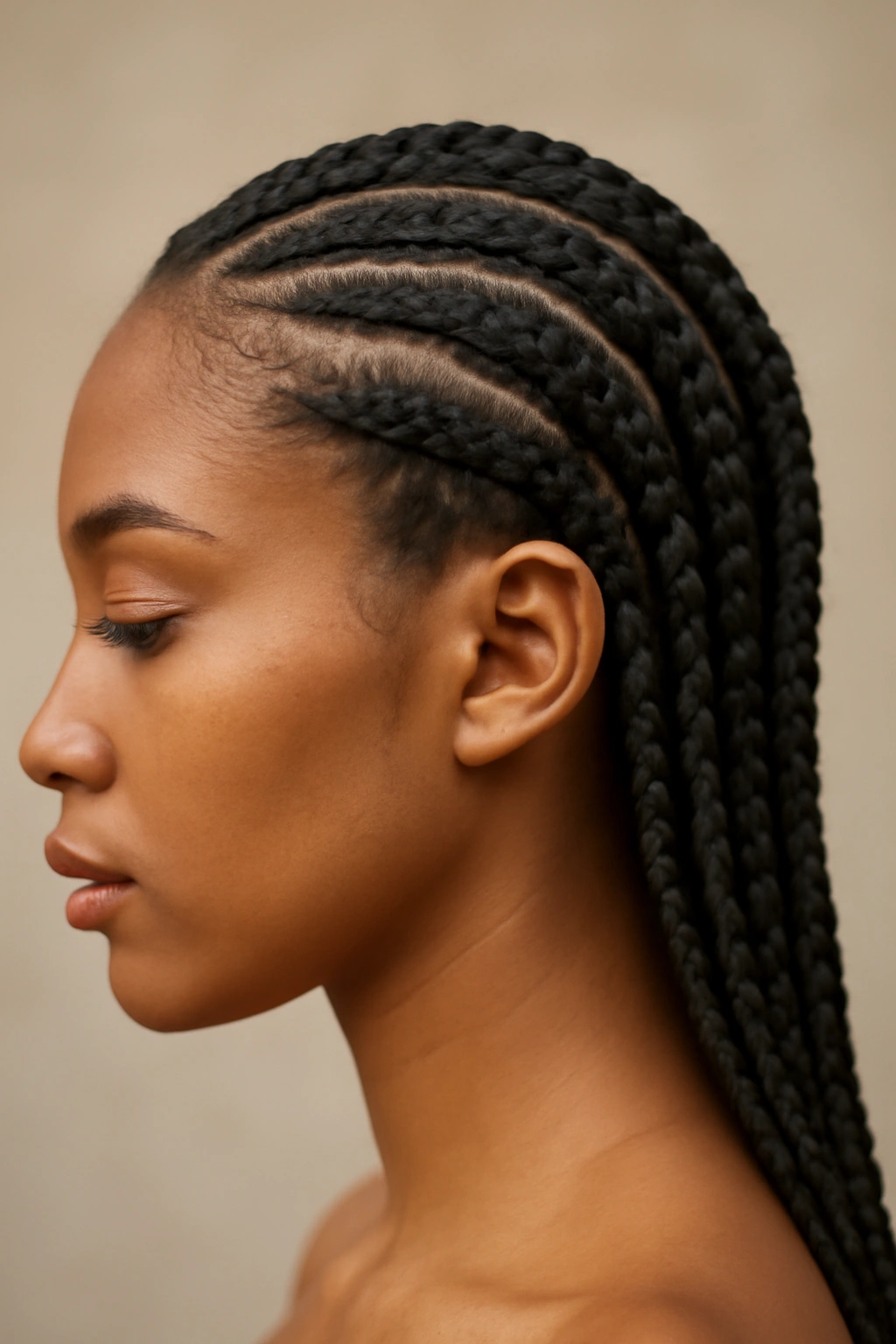 Close-up of feed-in braids blending natural hair with extensions