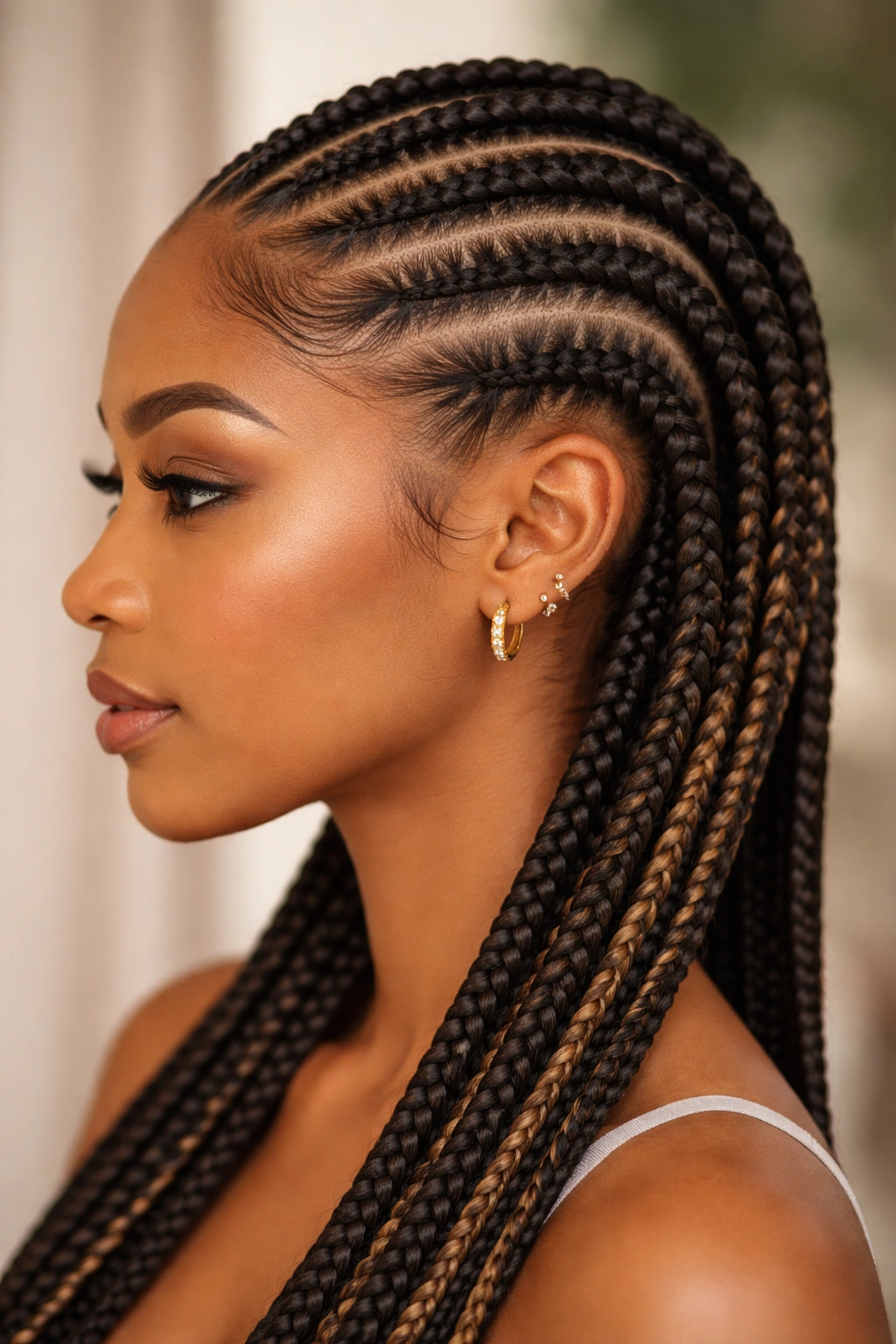 Close-up of feed-in braids with raised roots and smooth transitions