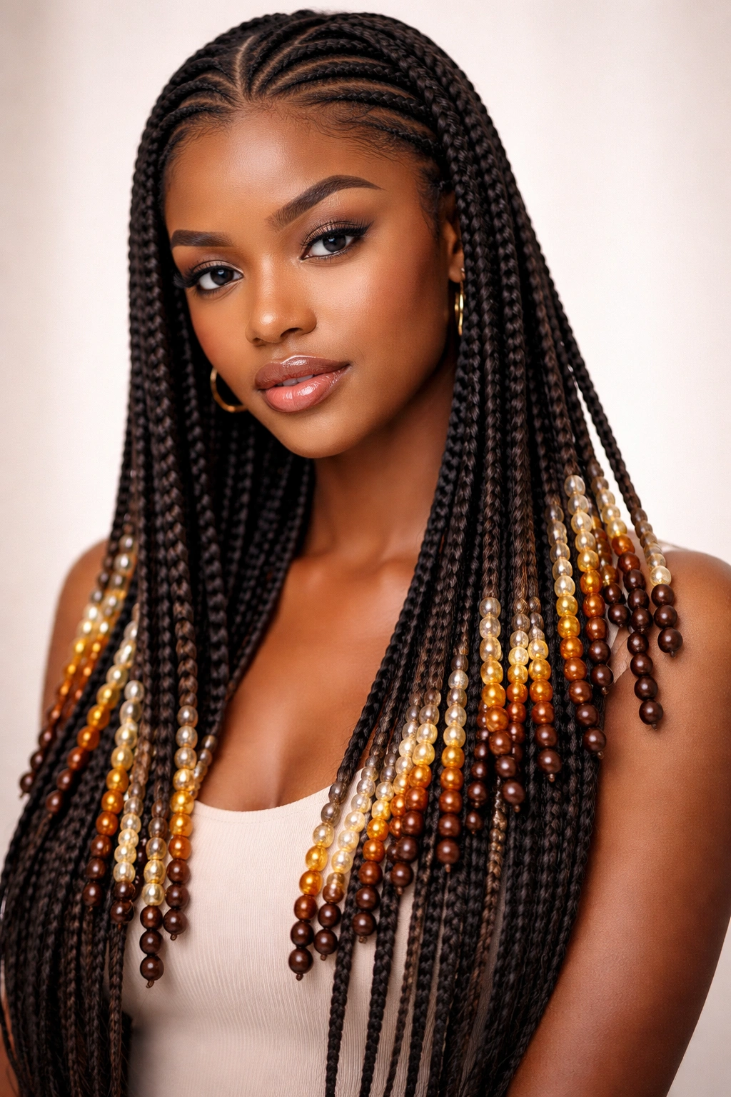 Feed-in braids with ombre beads along each braid showing color transition