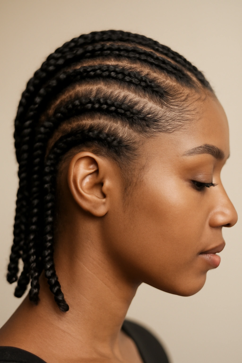 Close-up of feed-in braids with seamless extension blend at the roots