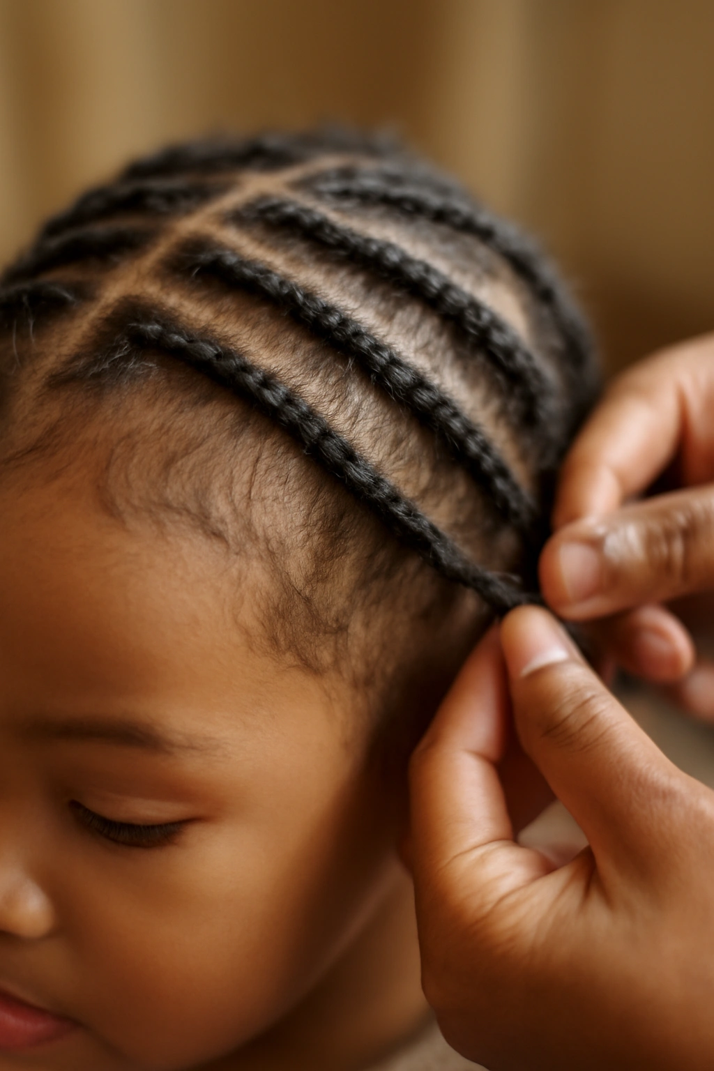 Close-up of toddler scalp with feed-in braids in progress