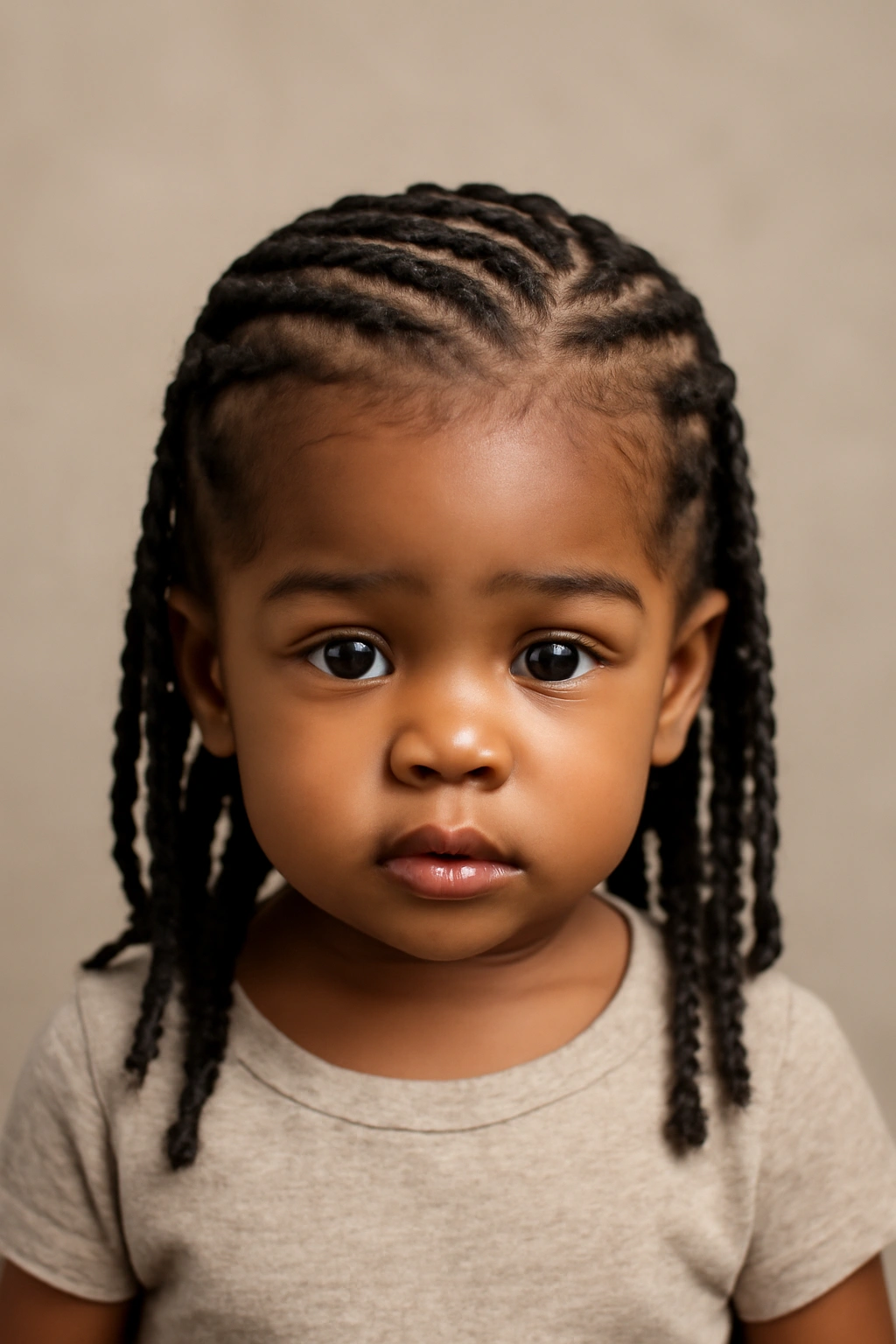 Toddler head with feed-in braids showing tapered roots and gradient.