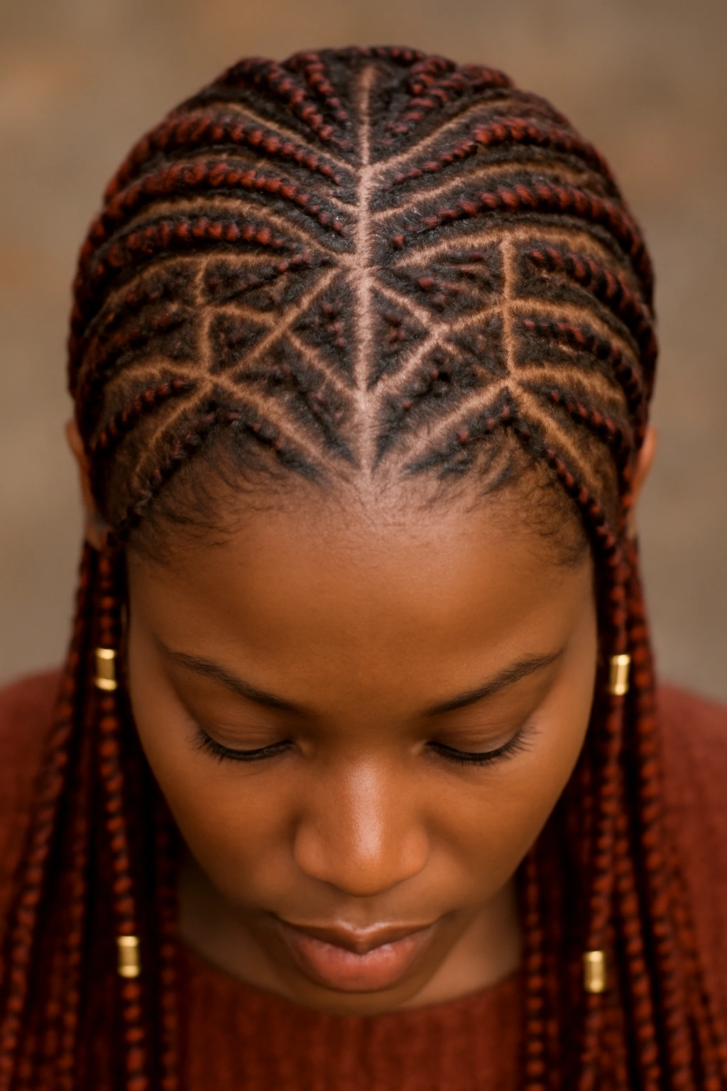 Feed-in cornrows with geometric pattern and bead accents.