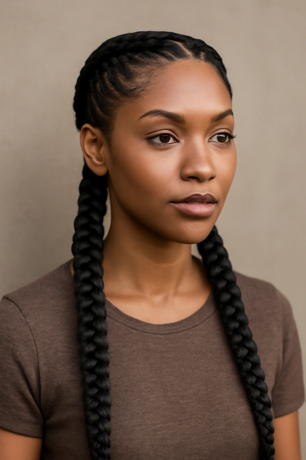 Feed-in pigtail braids showing natural transition from scalp to fuller braids
