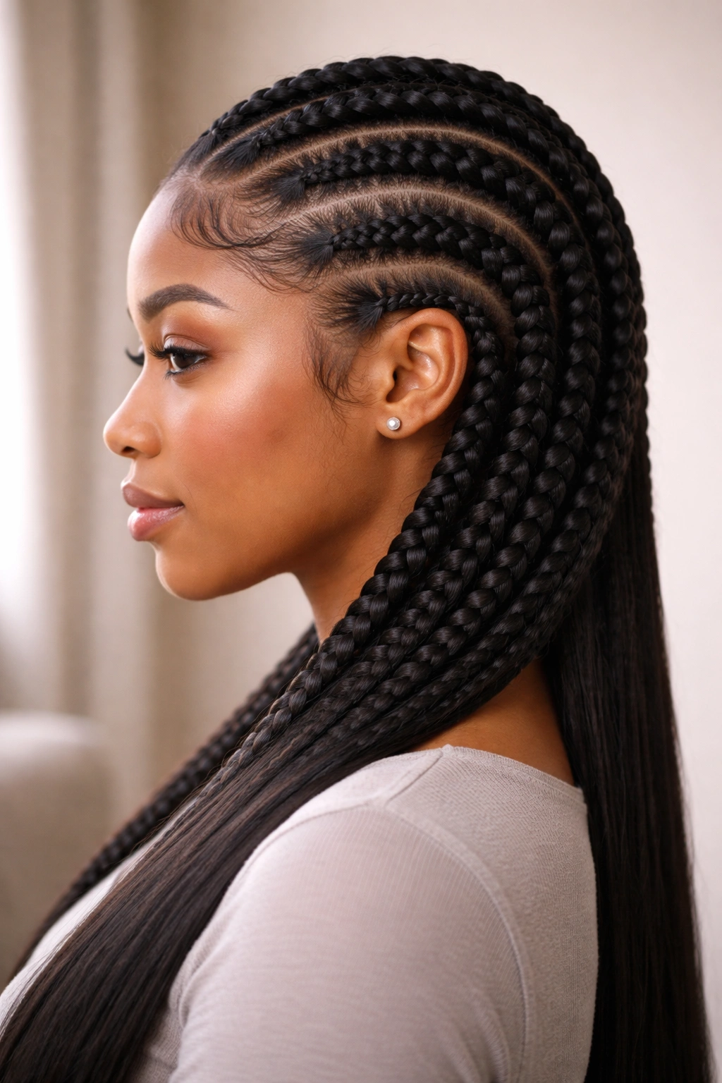 Close-up profile of feeding braids blending natural hair with extensions.