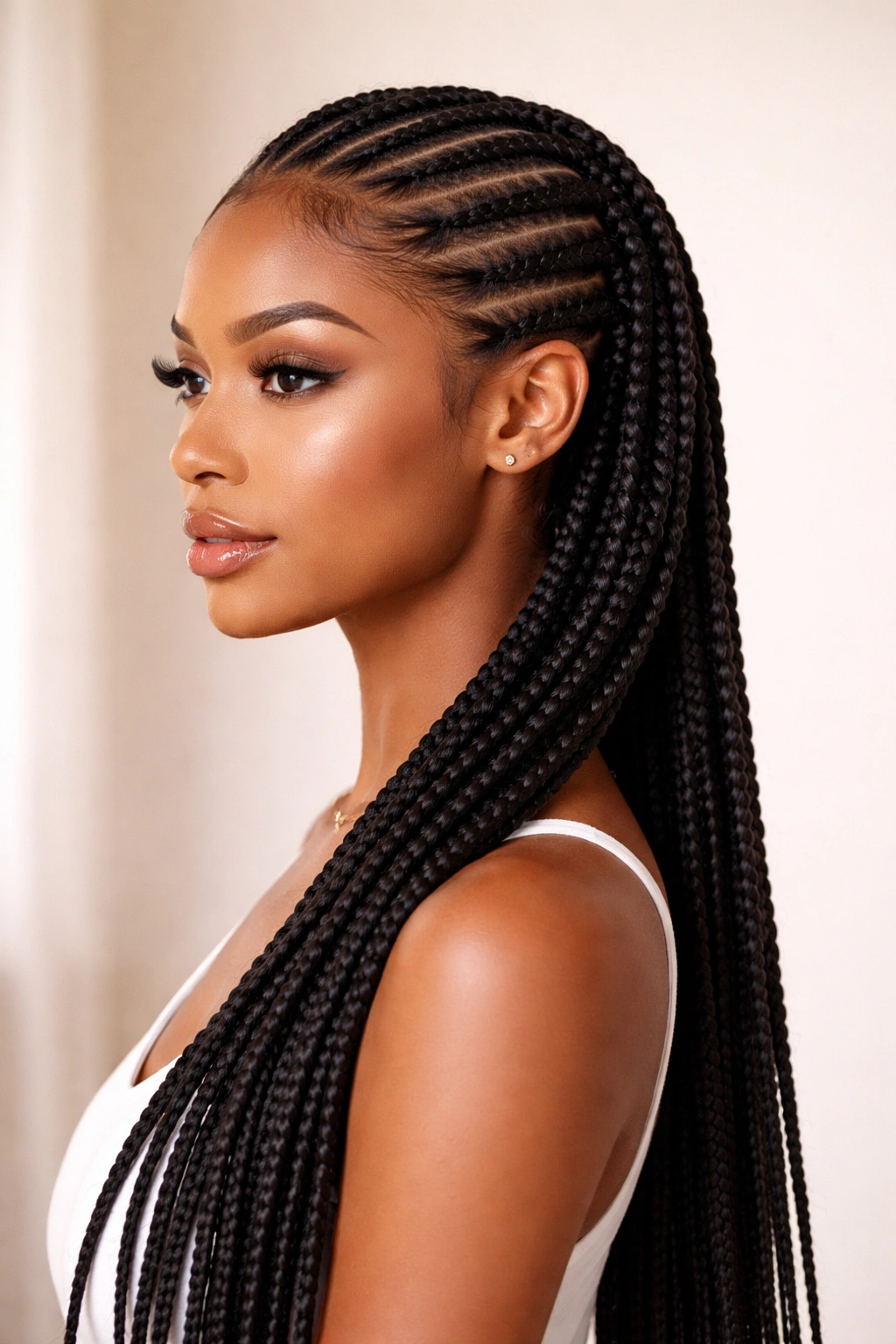 Close-up of feeding braids with a sleek base and neat, long braids