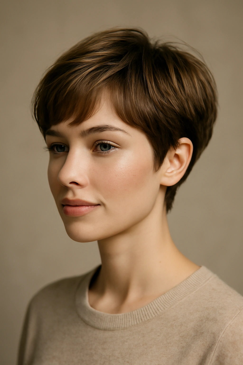 Portrait of a feminine pixie bob with longer top and rounded silhouette against a neutral backdrop.