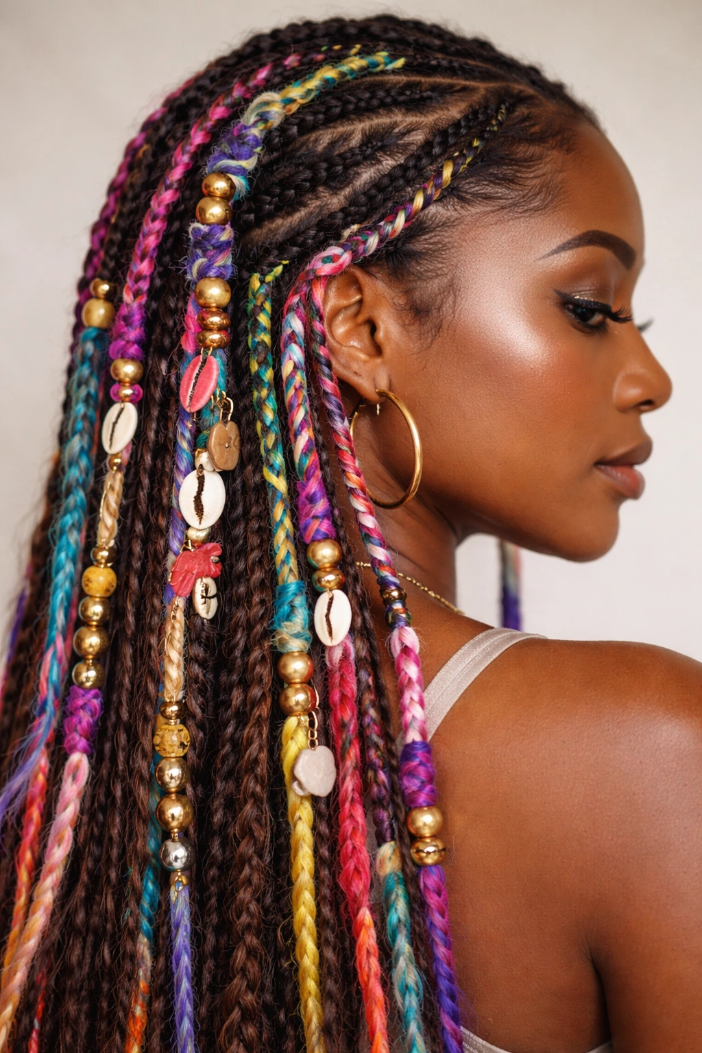 Close-up of colorful festival braids with beads and yarn on a model's head