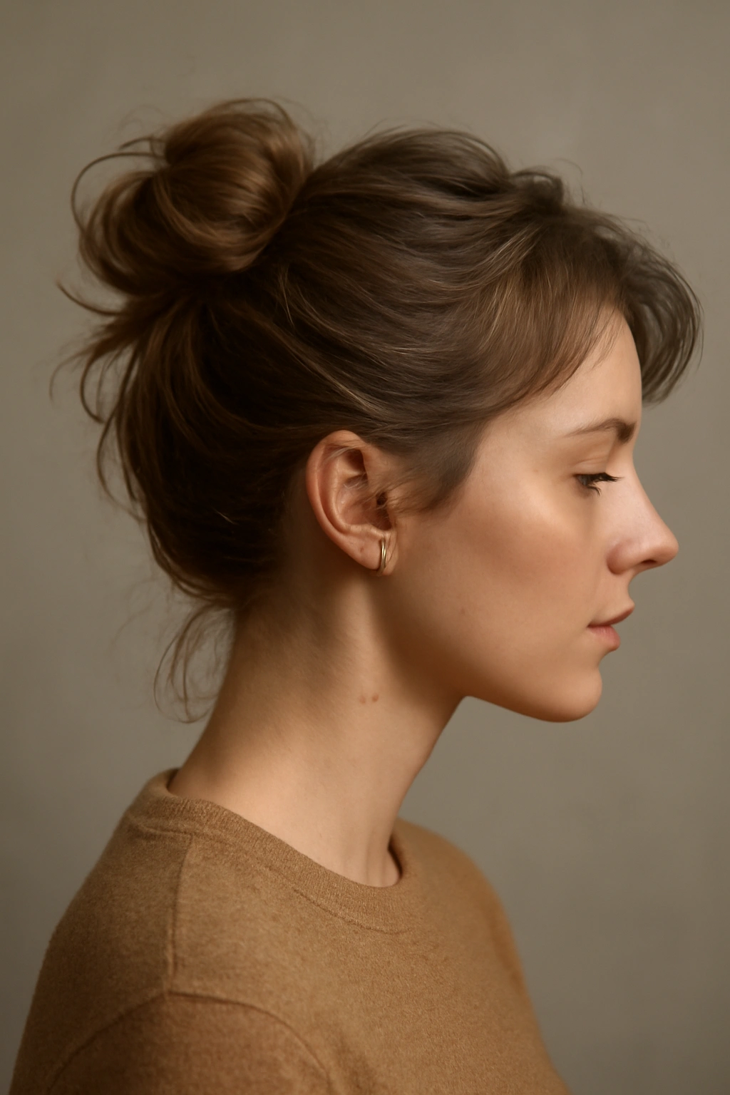 Side profile of a person with a polished, textured short-hair bun