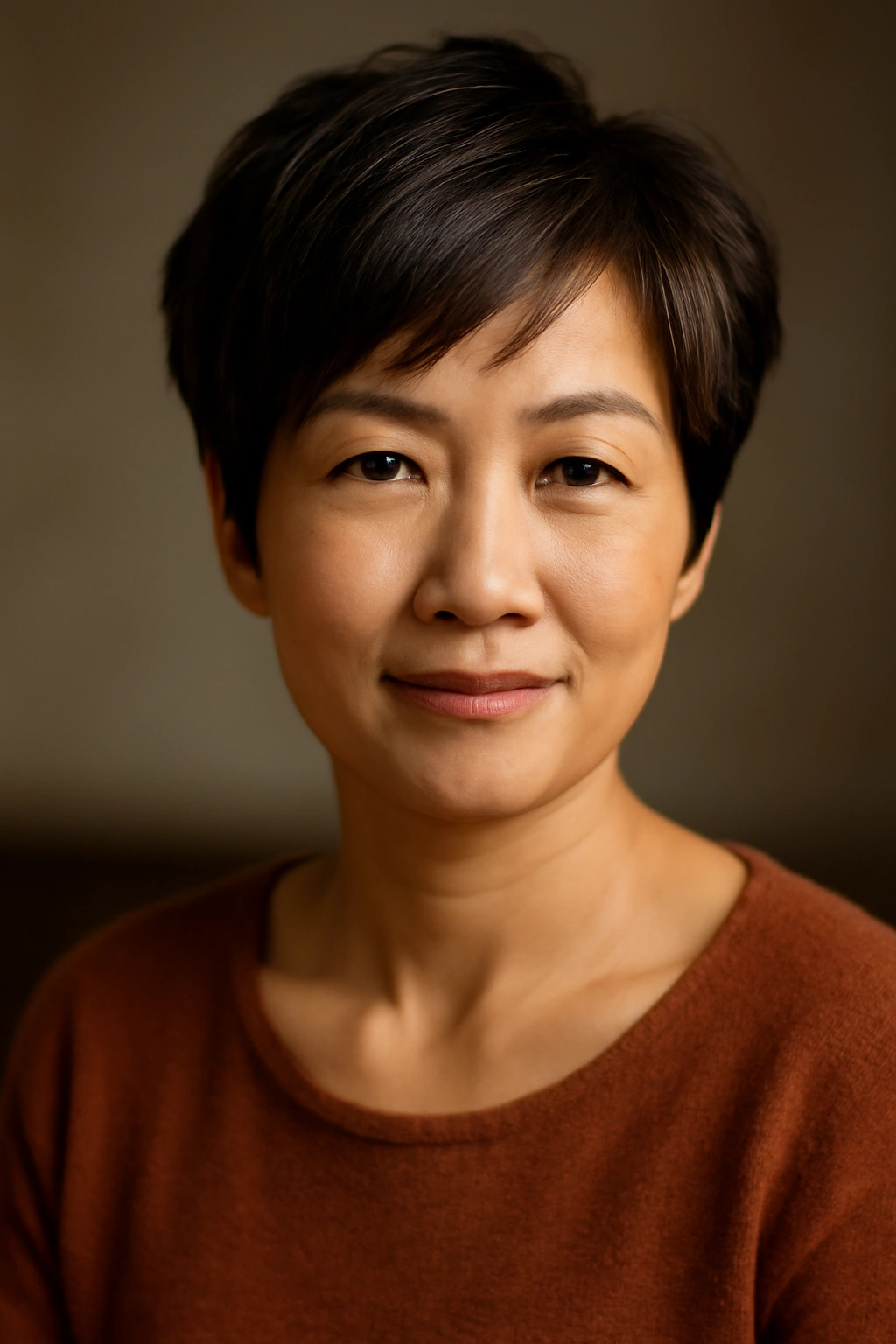 Portrait of a woman with a chic short haircut in studio lighting