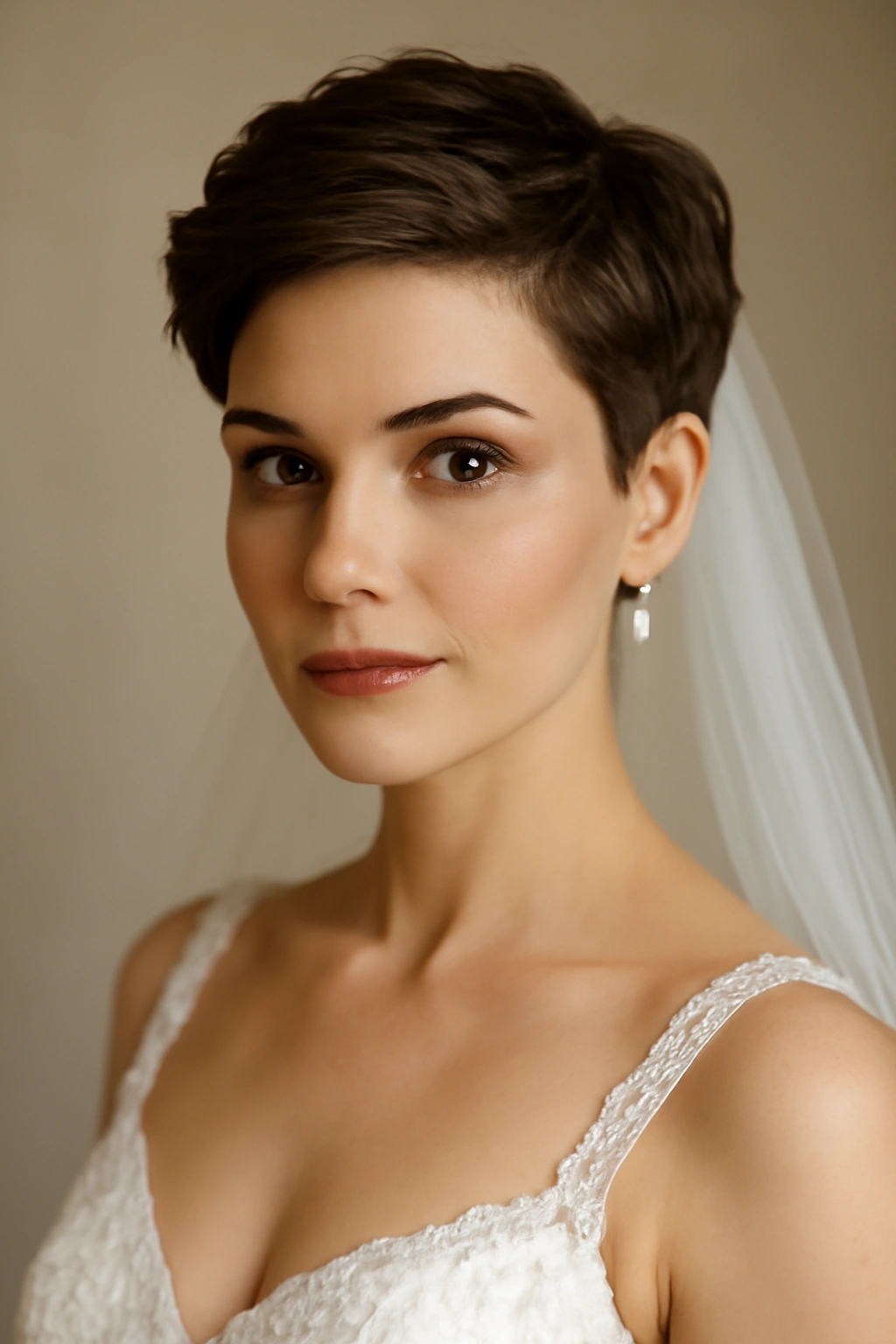 Confident bride with polished pixie hairstyle