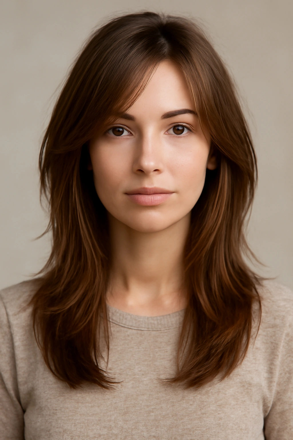 Model with a versatile layered haircut showing movement and texture