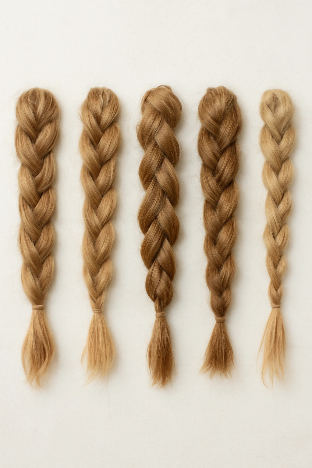 Flat lay of five loose braid textures arranged in a line
