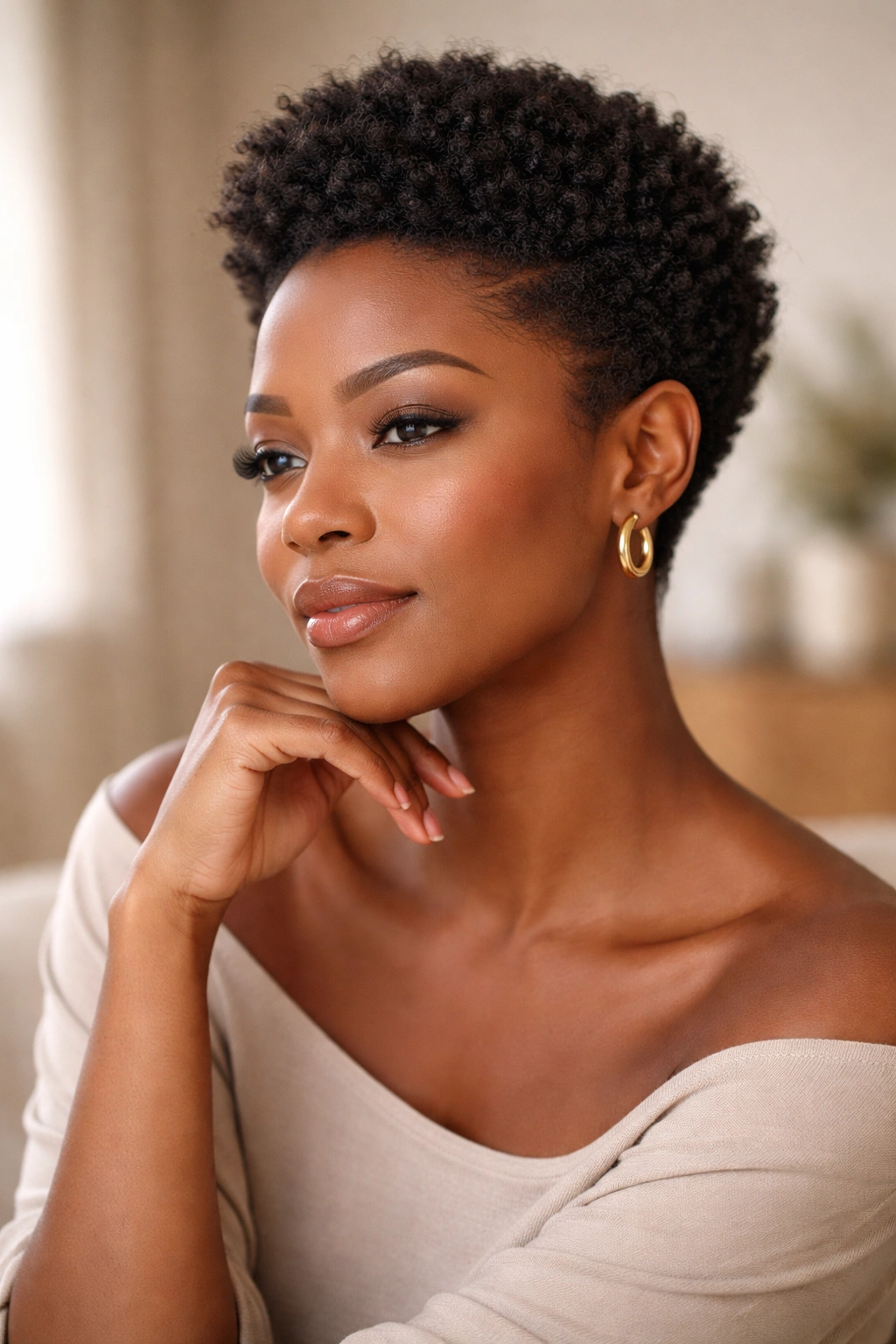 Contemplative portrait of a person with a short afro in a calm setting