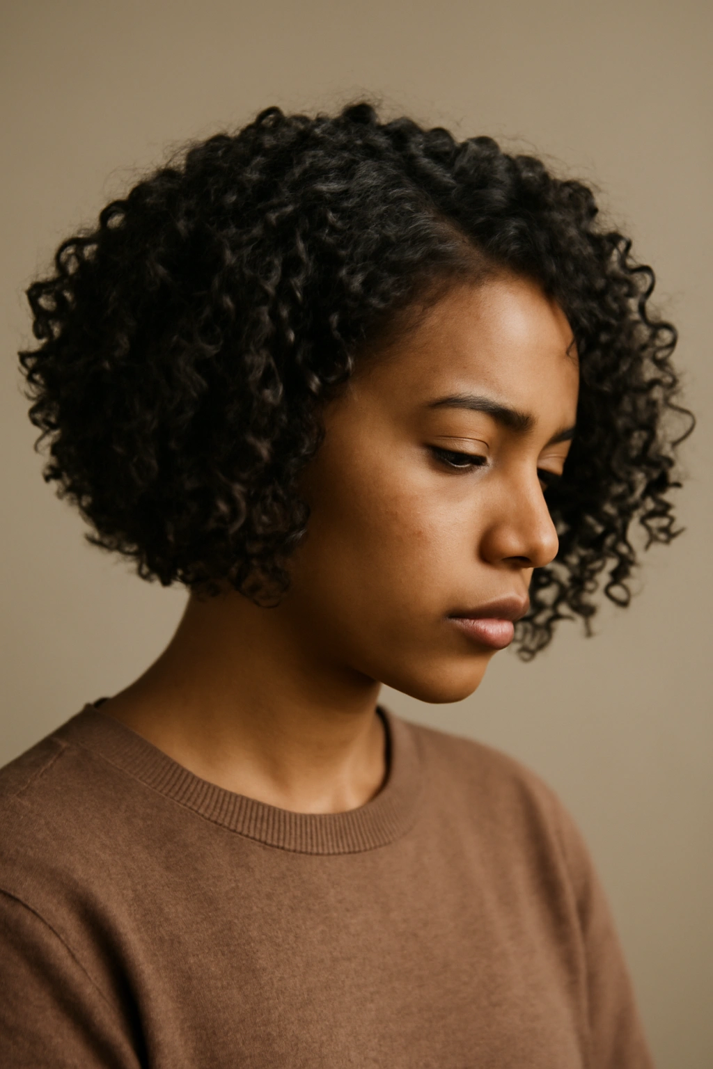 Close-up portrait of a person with an angled bob and curly hair, thoughtful expression in a neutral studio