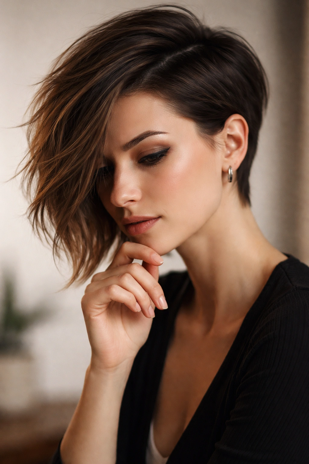 Contemplative portrait highlighting a modern asymmetrical haircut in a minimal studio setting