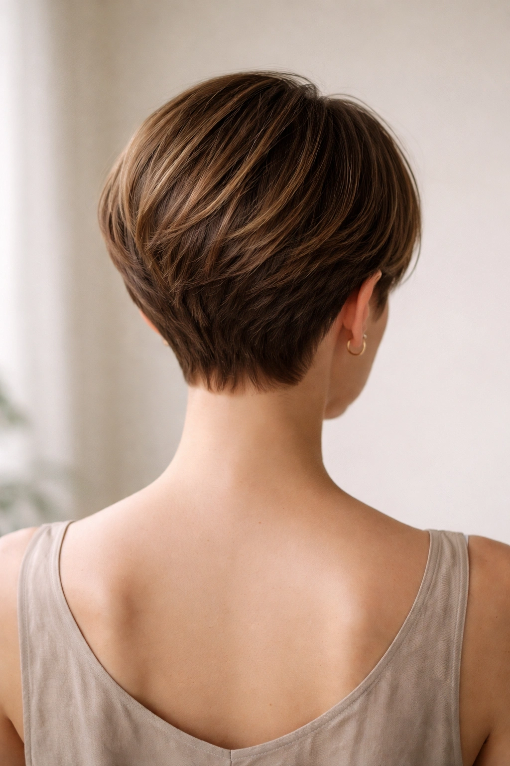 Back view of a polished short haircut in a minimal studio with a calm mood.