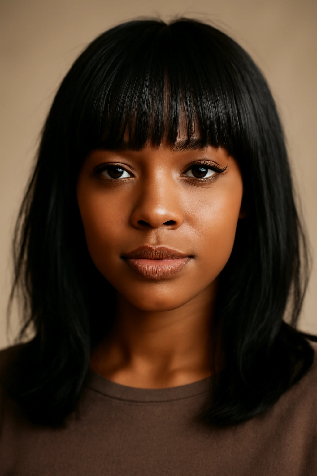 Close-up portrait of a Black woman with chic bangs, showcasing a flattering face-framing hairstyle.