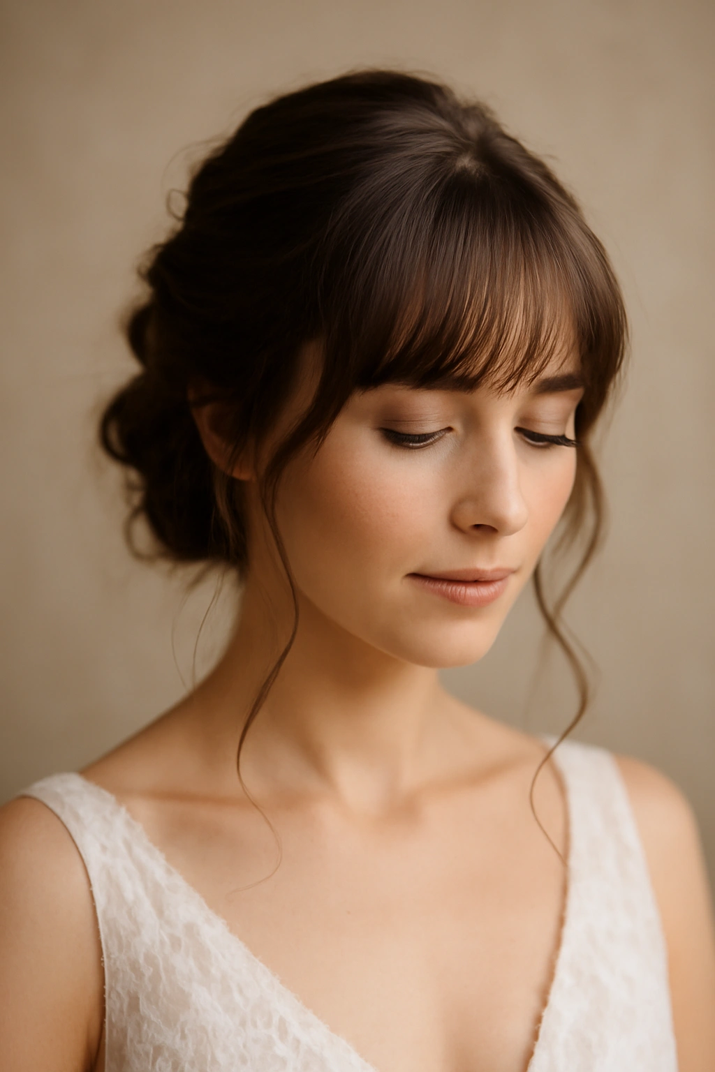 Bridal portrait showing bangs-forward hairstyle in a calm thoughtful moment