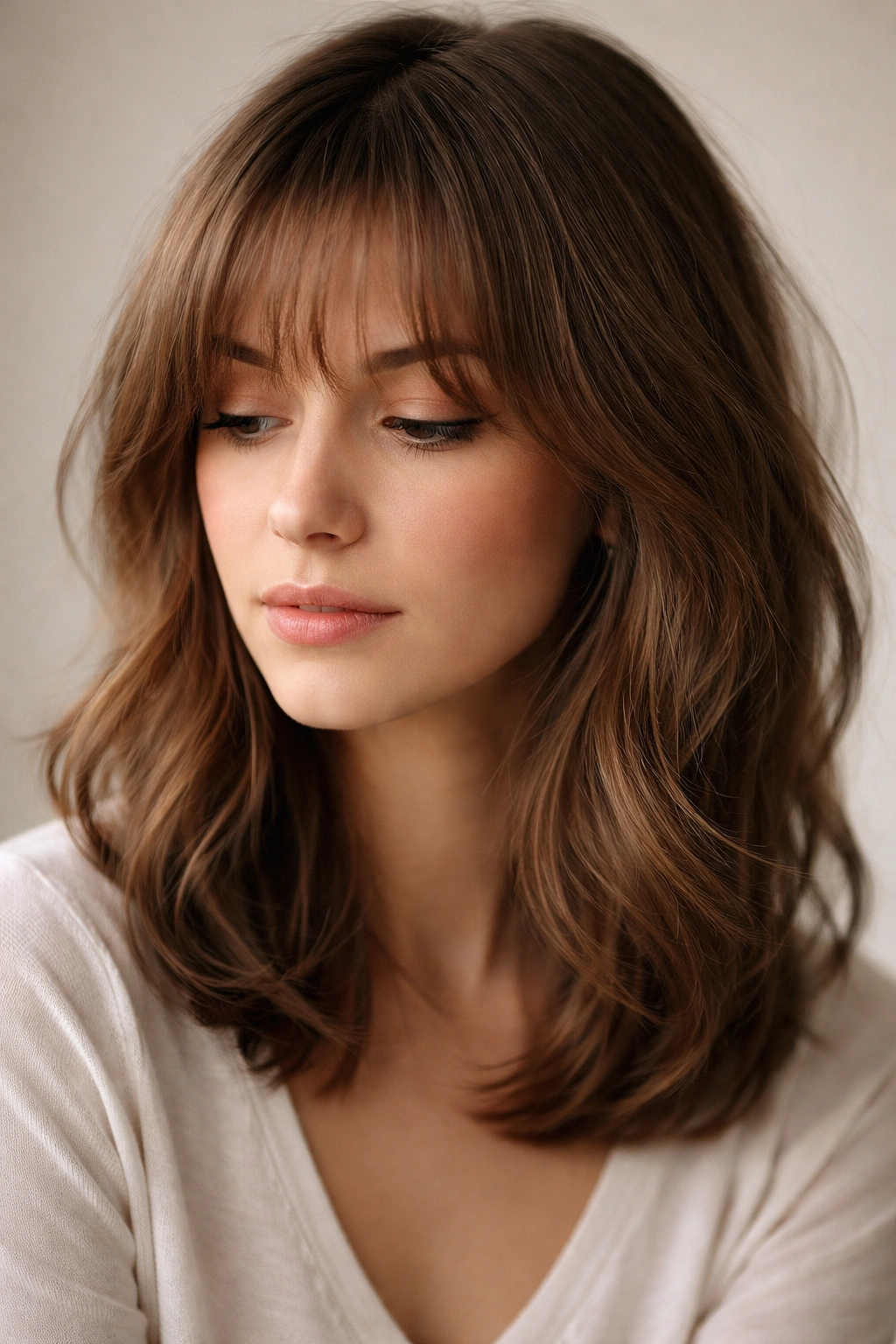 Portrait of a person with medium-length hair and wispy bangs in a thoughtful pose