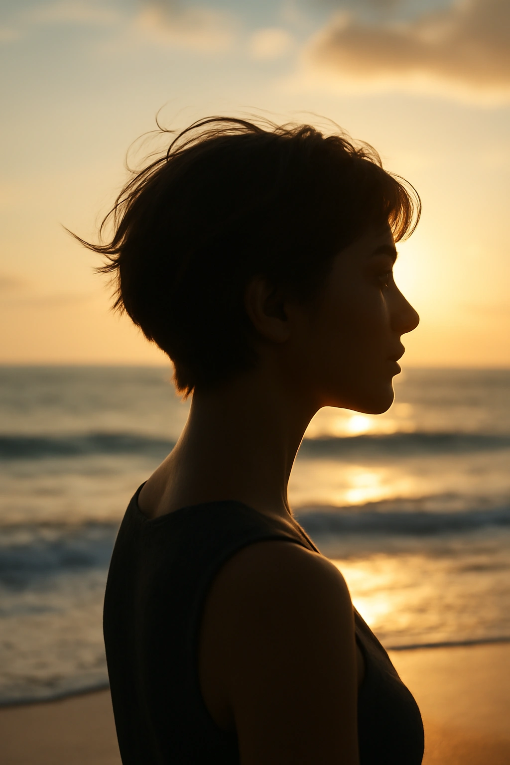 Silhouette of a person with short hair at the beach contemplative mood