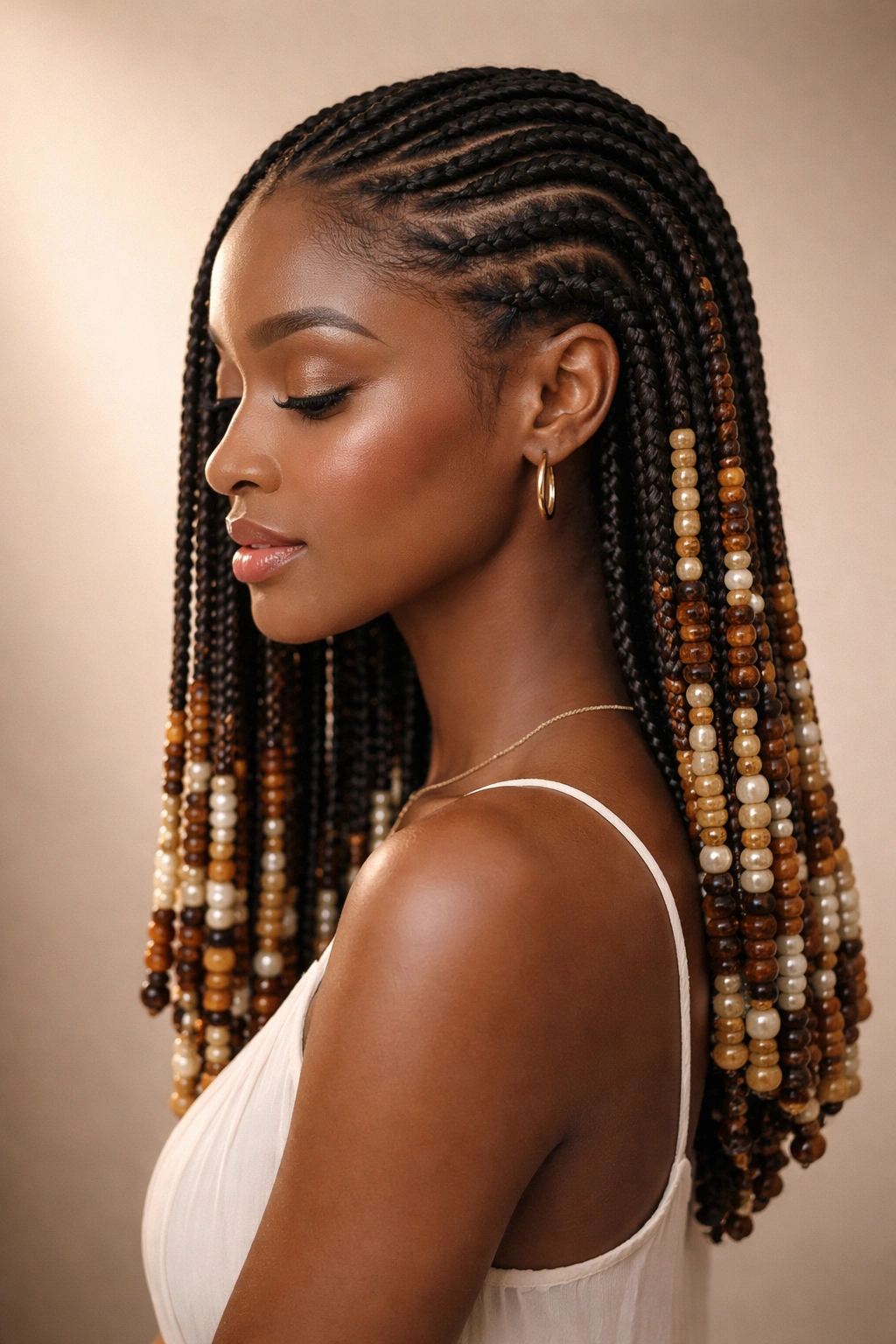 Minimalist portrait of a single beaded hairstyle representing final thoughts