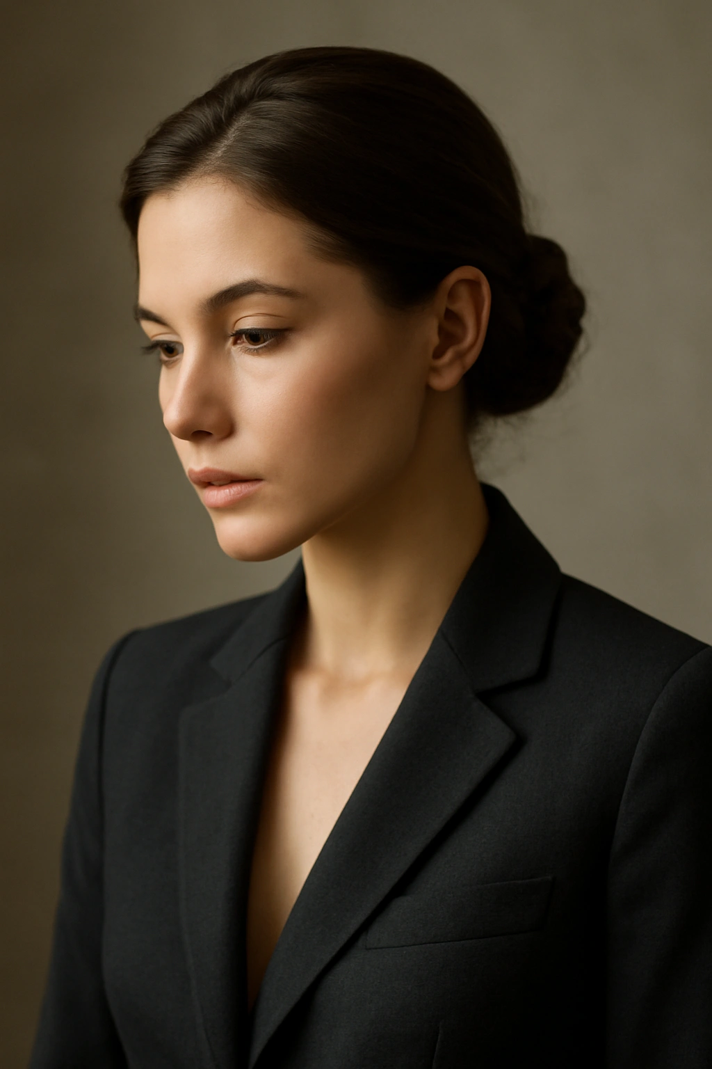 Portrait of a thoughtful person in blazer with polished hairstyle