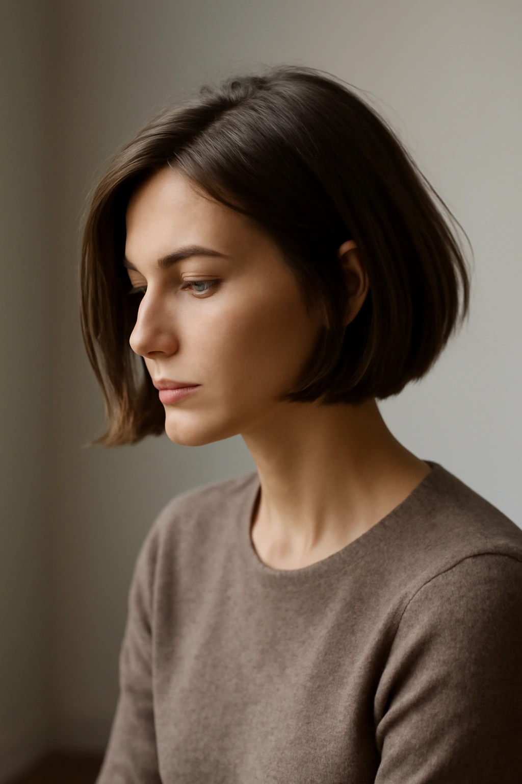 Contemplative portrait of a person with a bob haircut in soft studio lighting