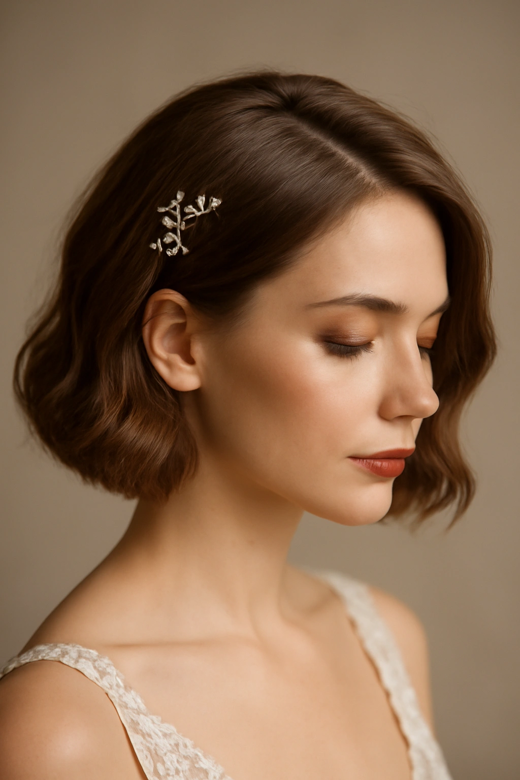 Close-up of bridal bob showing texture and shine