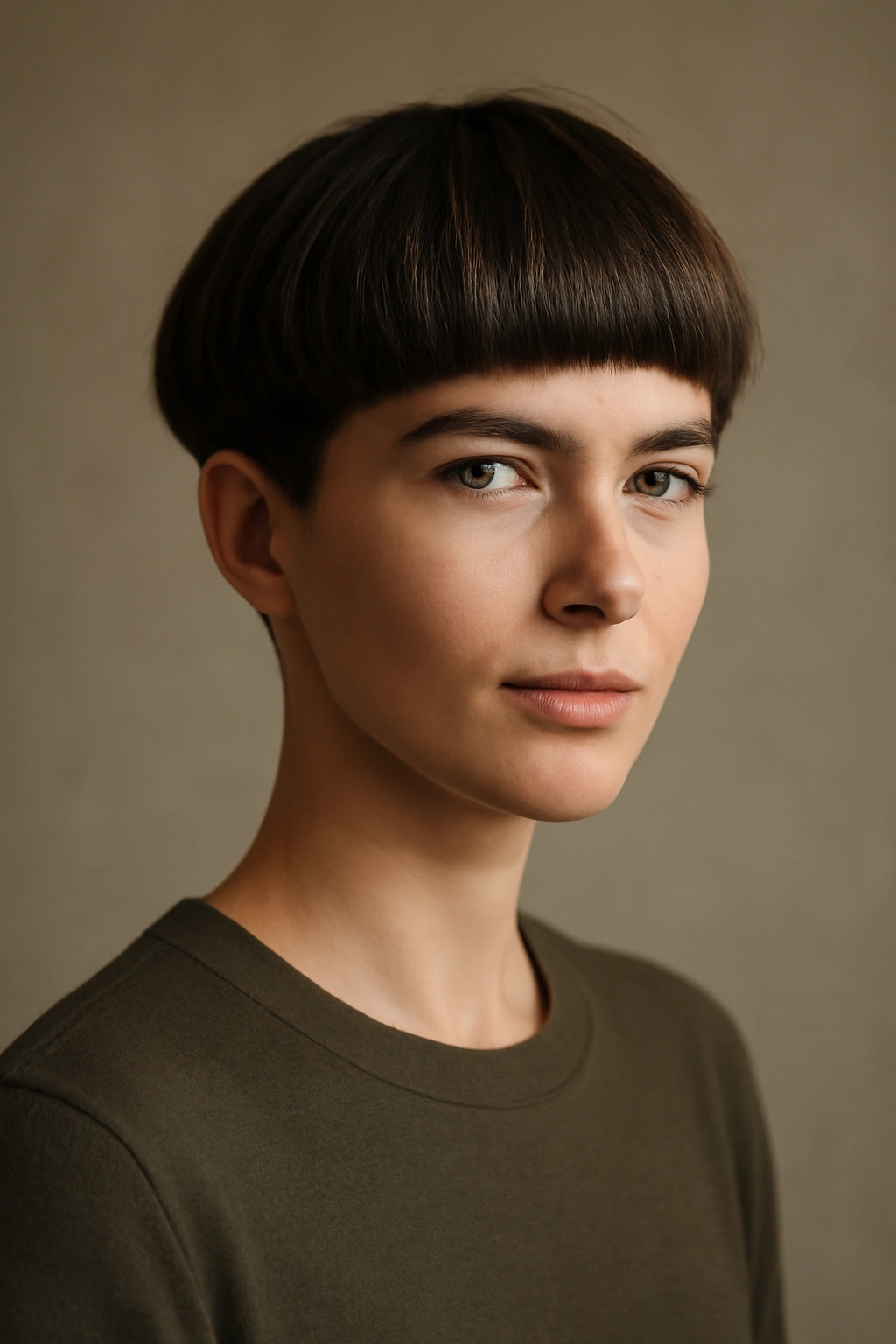 Editorial portrait of a person with a modern bowl cut in studio lighting