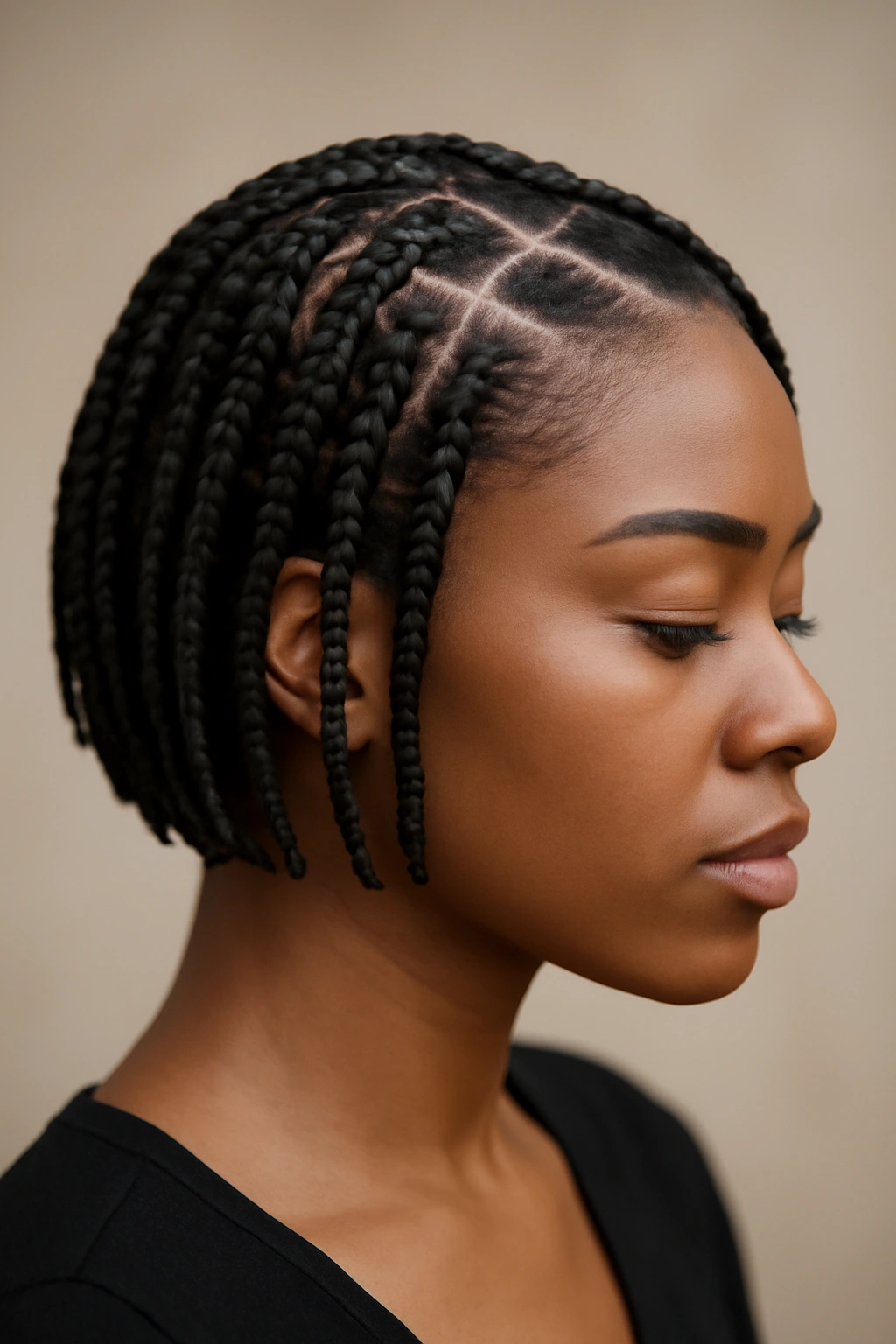 Close-up of a model with short polished box braids and clean parting in a studio