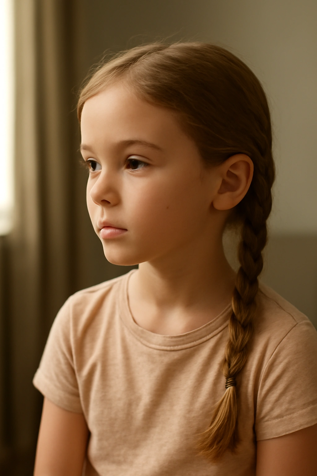 Close-up portrait of a child with a simple three-strand braid in a calm room, emphasizing practical school hairstyles
