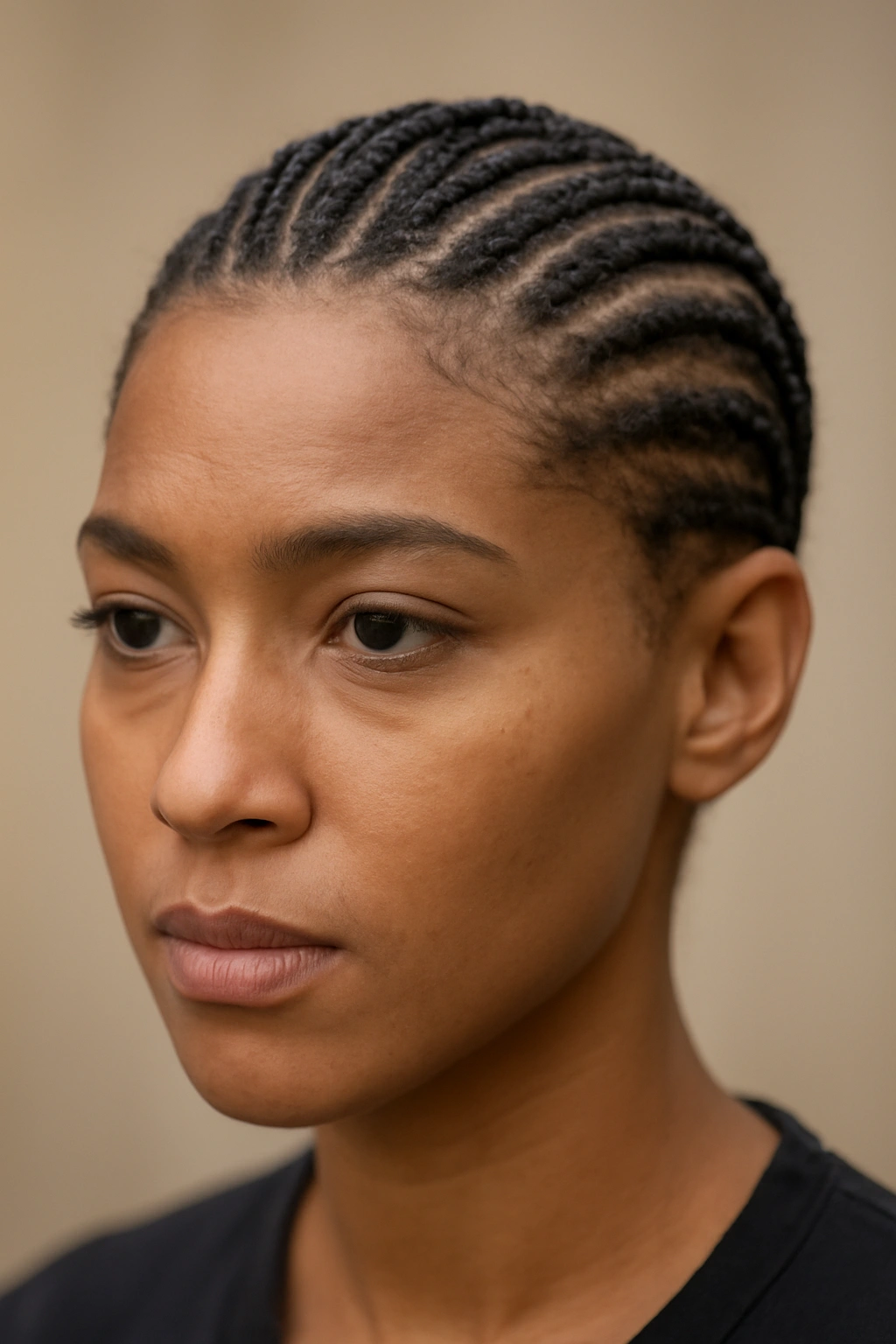 Close-up portrait of a person with short braided hair showing tight braids and scalp texture
